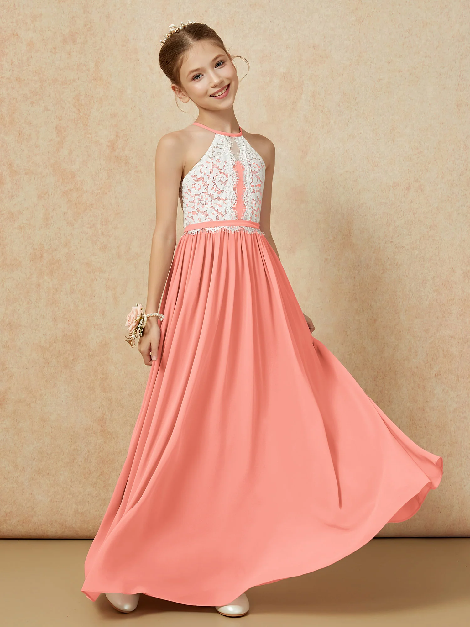 Lace Top Sleeveless Pleated Long Junior Bridesmaid Dress Sunset - Image 3