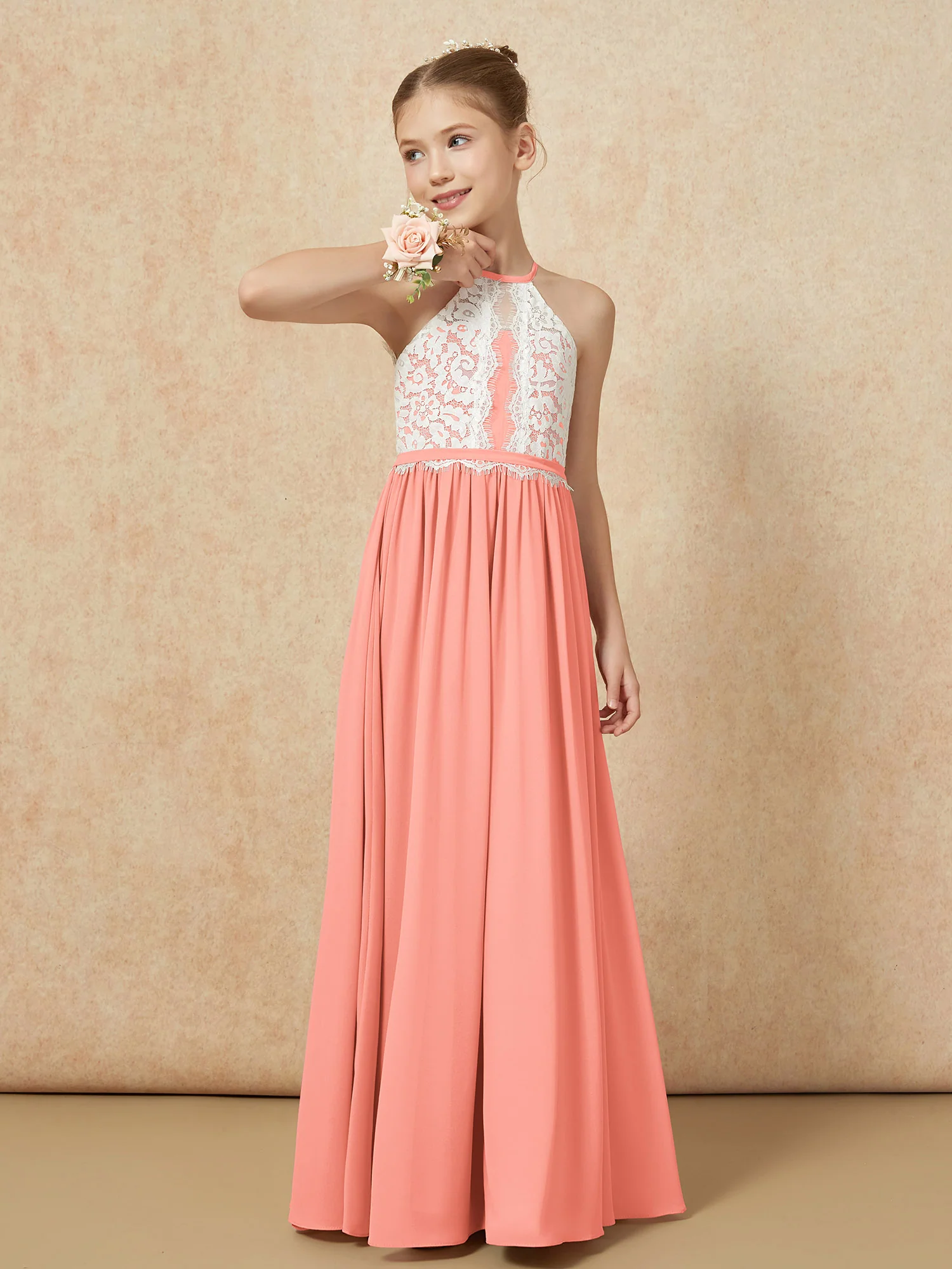 Lace Top Sleeveless Pleated Long Junior Bridesmaid Dress Sunset - Image 4