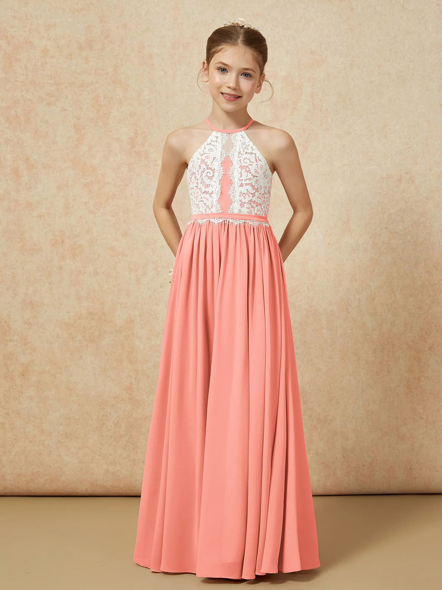 Lace Top Sleeveless Pleated Long Junior Bridesmaid Dress Sunset - Image 5