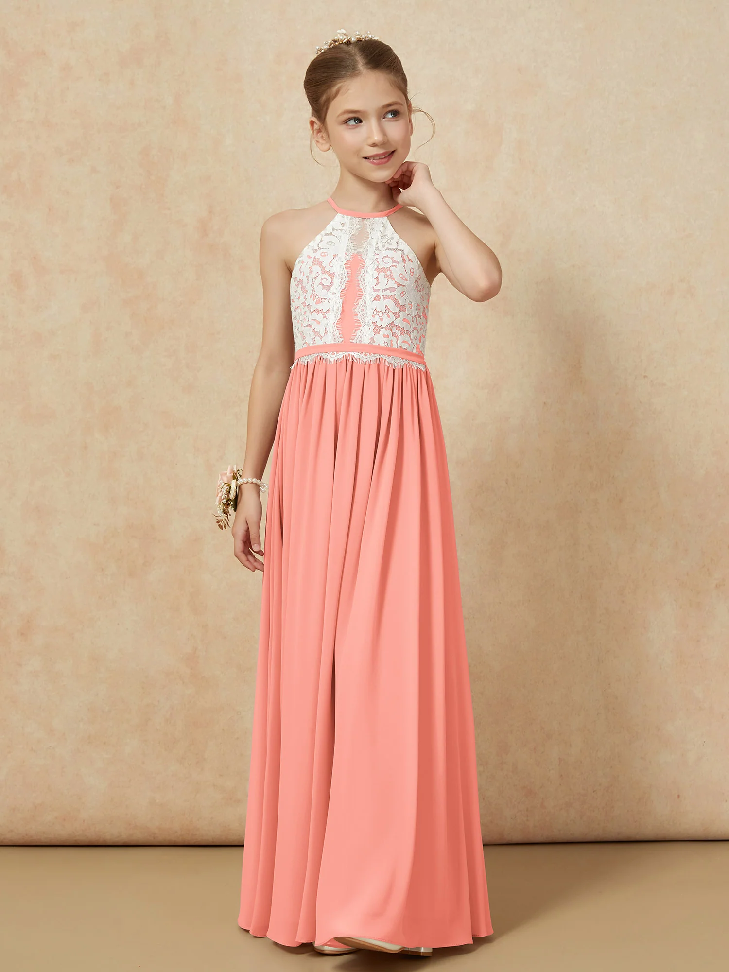 Lace Top Sleeveless Pleated Long Junior Bridesmaid Dress Sunset - Image 6