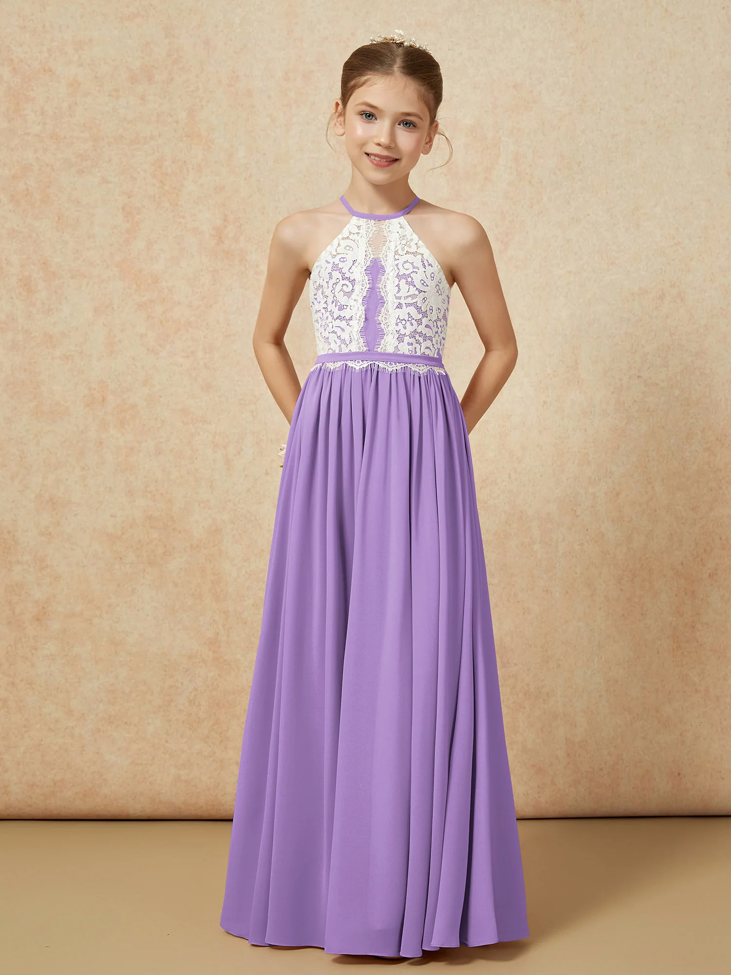 Lace Top Sleeveless Pleated Long Junior Bridesmaid Dress Tahiti - Image 5