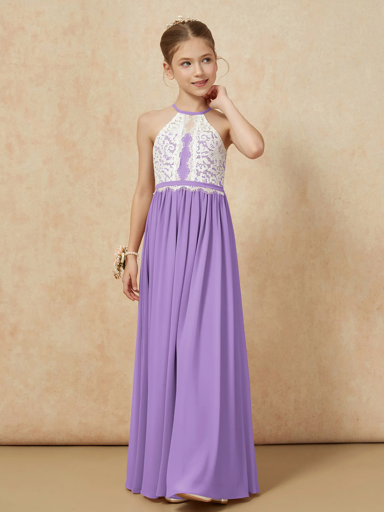 Lace Top Sleeveless Pleated Long Junior Bridesmaid Dress Tahiti - Image 6