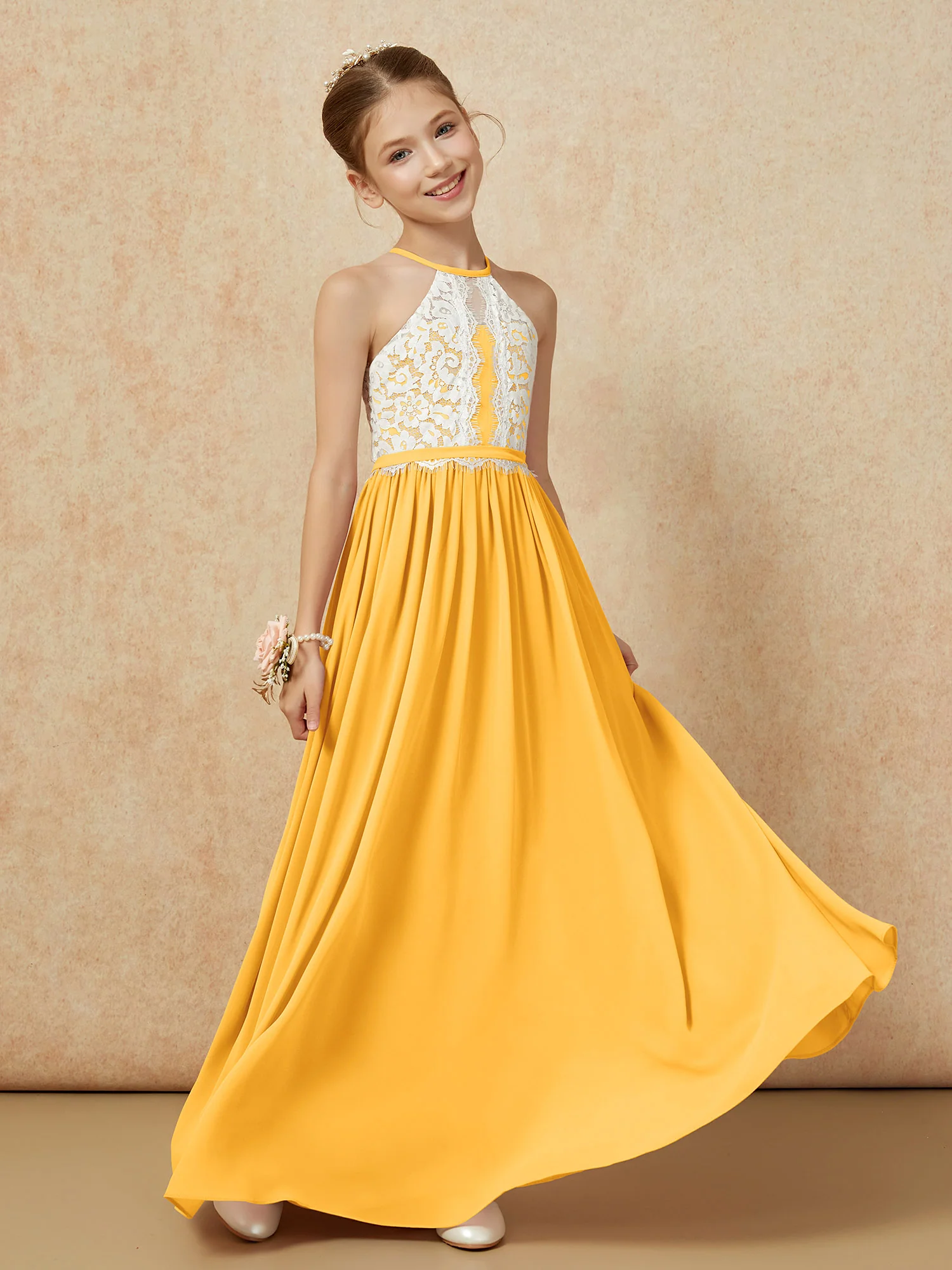 Lace Top Sleeveless Pleated Long Junior Bridesmaid Dress Tangerine - Image 3