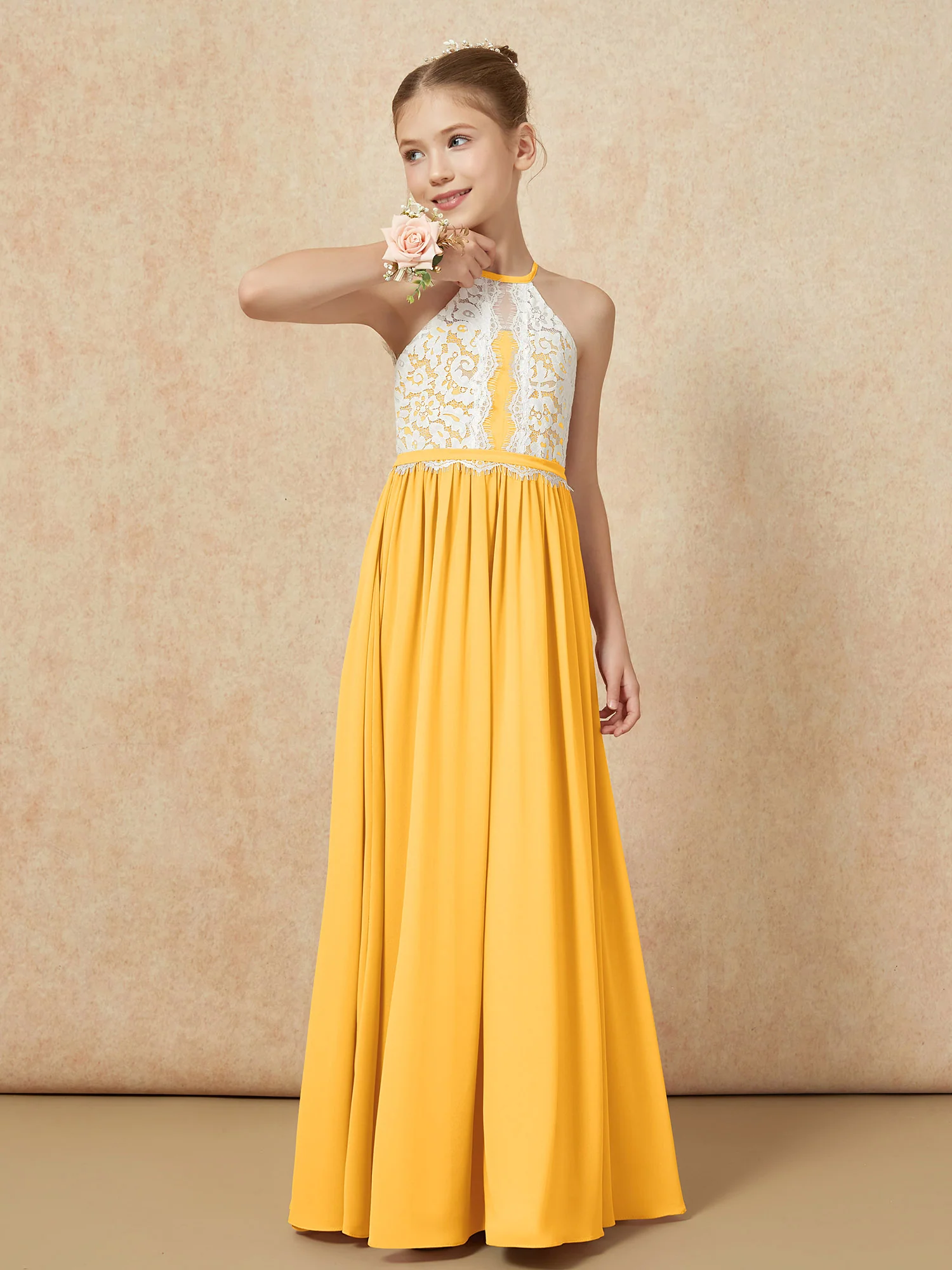 Lace Top Sleeveless Pleated Long Junior Bridesmaid Dress Tangerine - Image 4