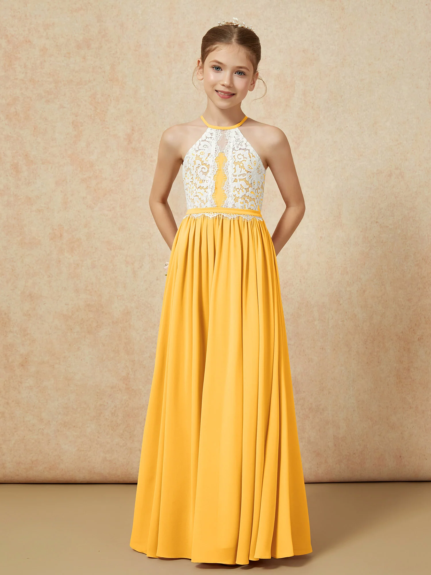 Lace Top Sleeveless Pleated Long Junior Bridesmaid Dress Tangerine - Image 5