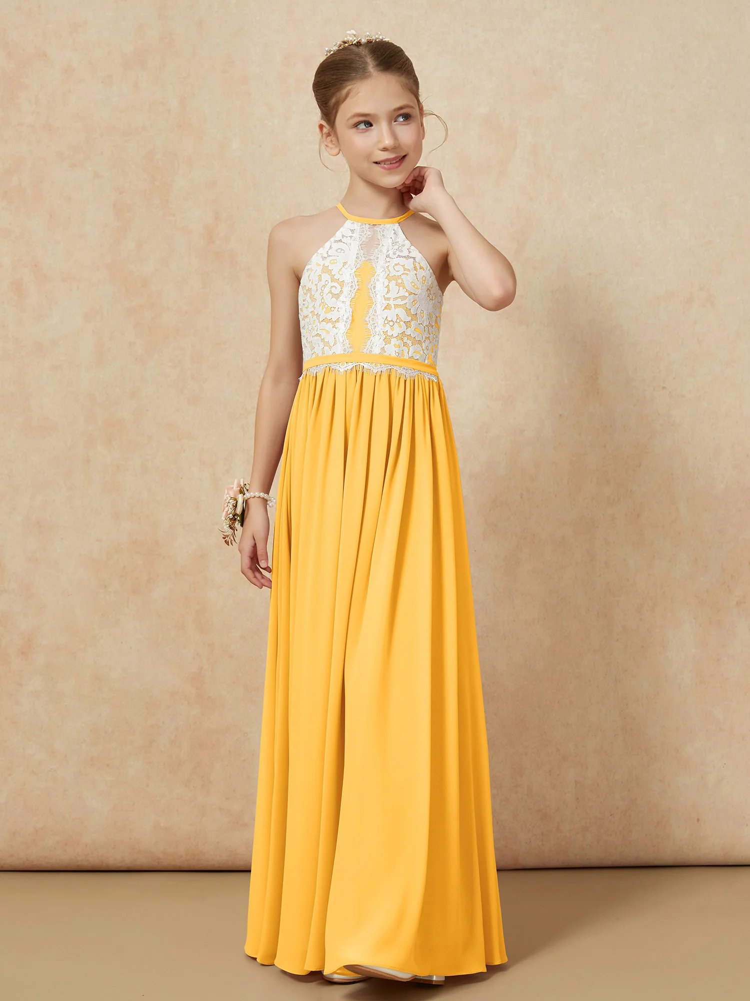 Lace Top Sleeveless Pleated Long Junior Bridesmaid Dress Tangerine - Image 6