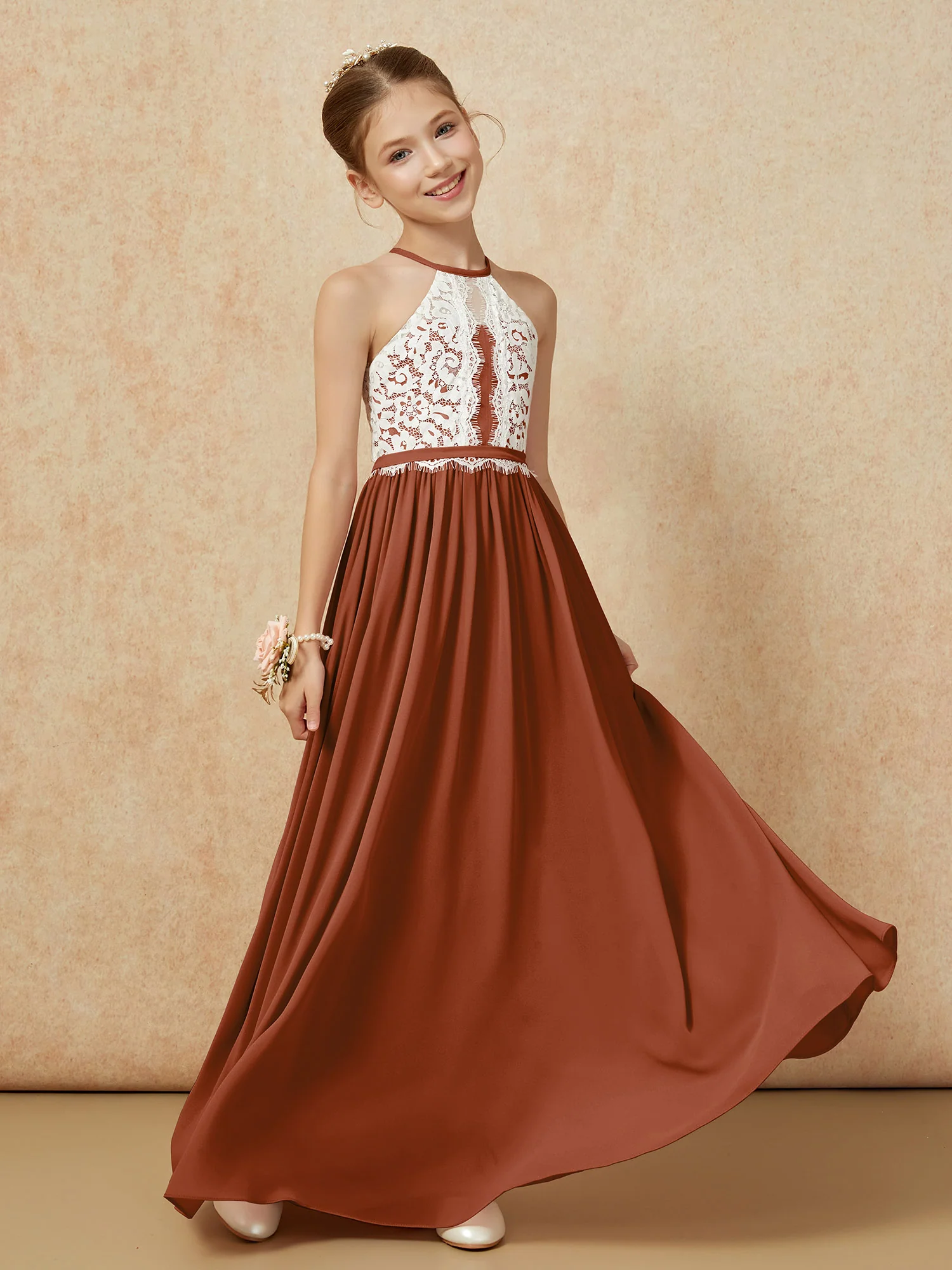 Lace Top Sleeveless Pleated Long Junior Bridesmaid Dress Terracotta - Image 3