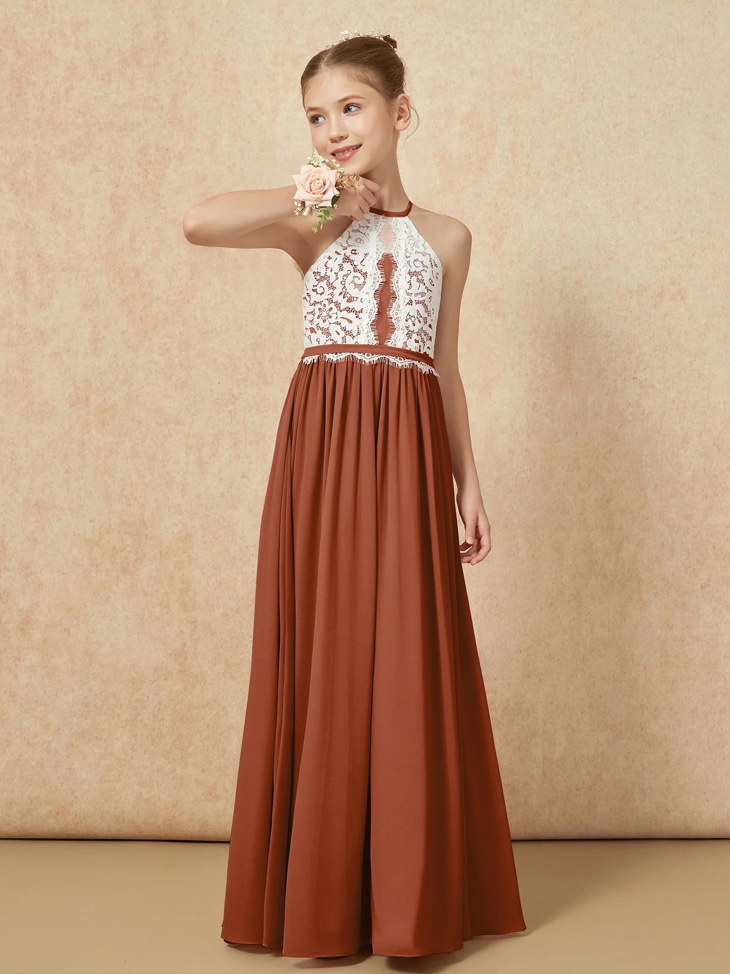 Lace Top Sleeveless Pleated Long Junior Bridesmaid Dress Terracotta - Image 4
