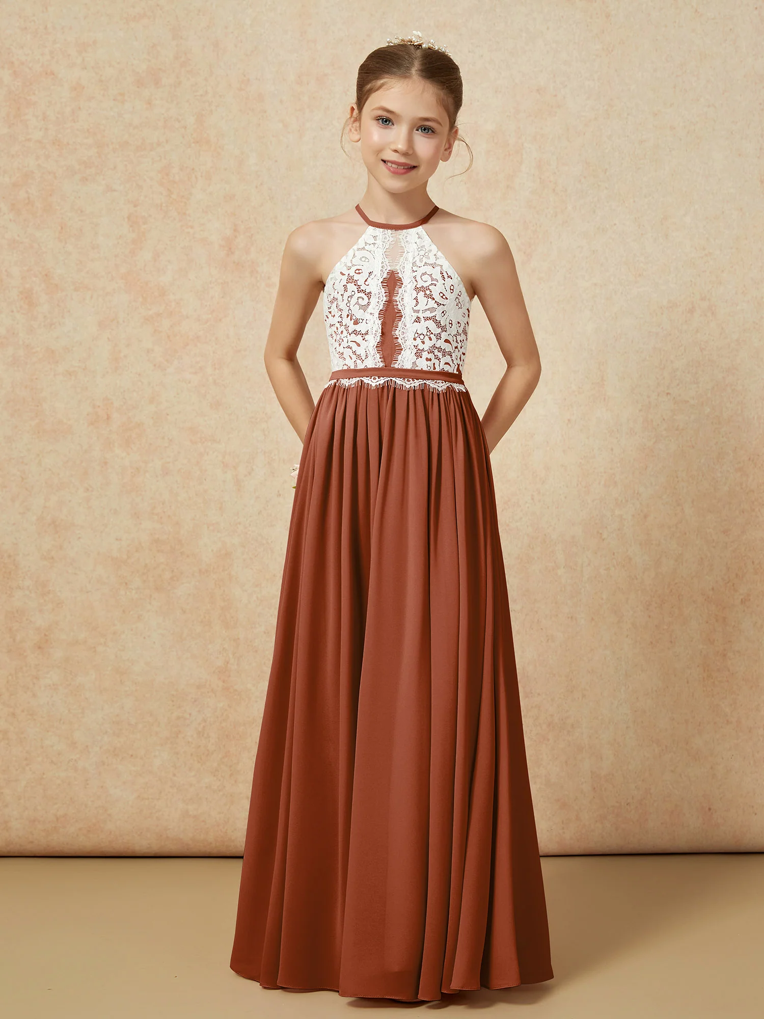 Lace Top Sleeveless Pleated Long Junior Bridesmaid Dress Terracotta - Image 5
