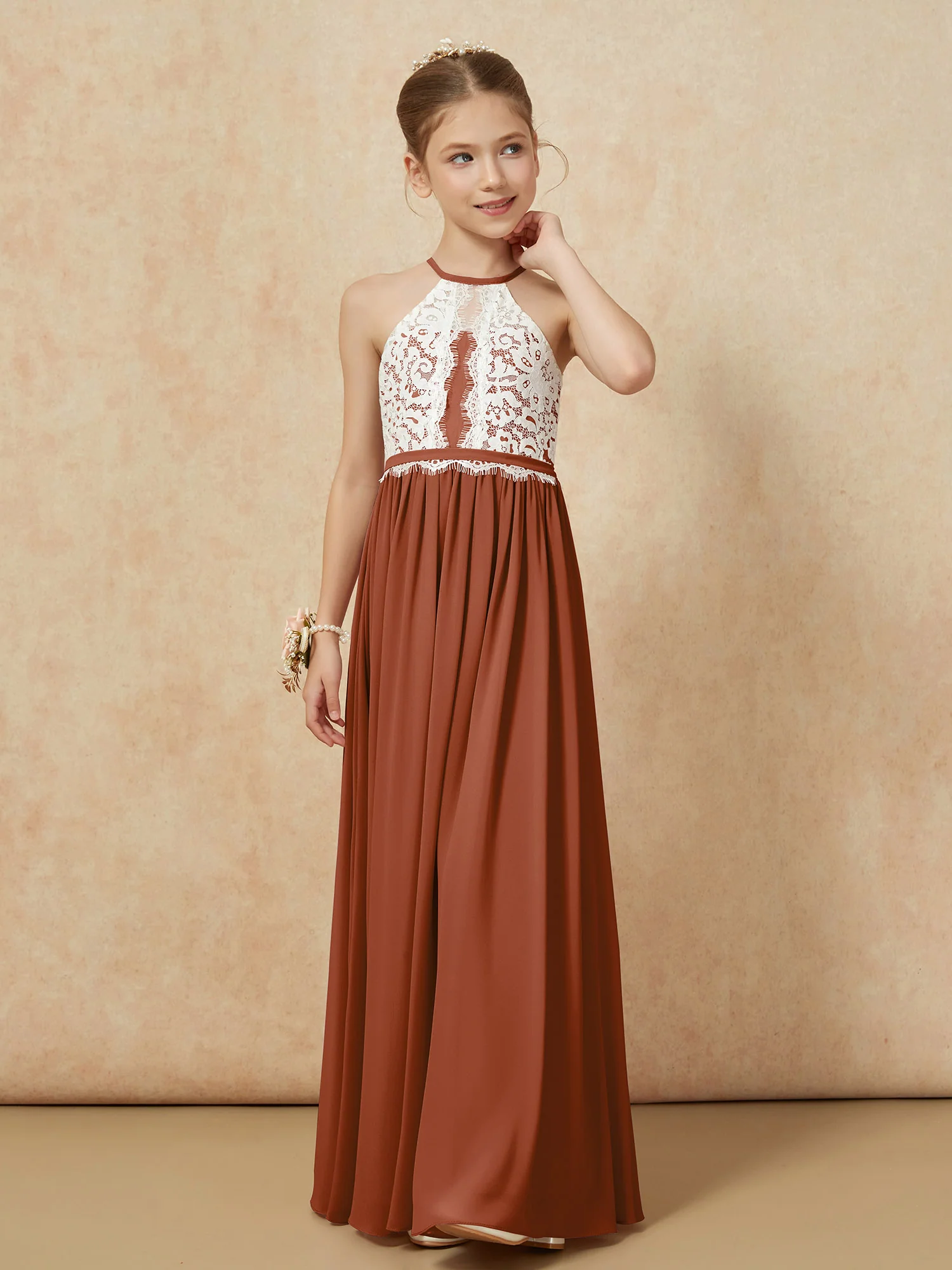 Lace Top Sleeveless Pleated Long Junior Bridesmaid Dress Terracotta - Image 6