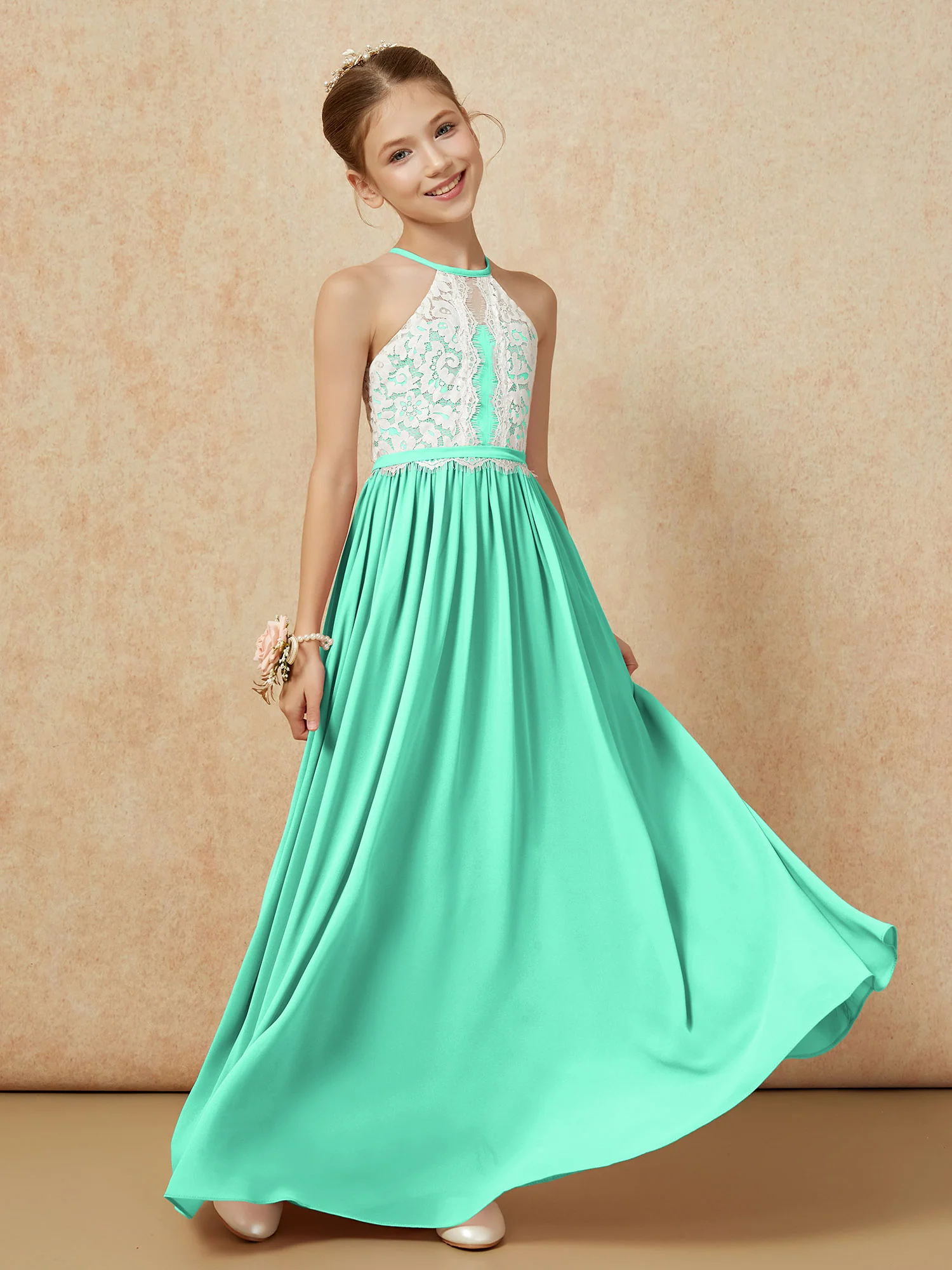 Lace Top Sleeveless Pleated Long Junior Bridesmaid Dress Turquoise - Image 3