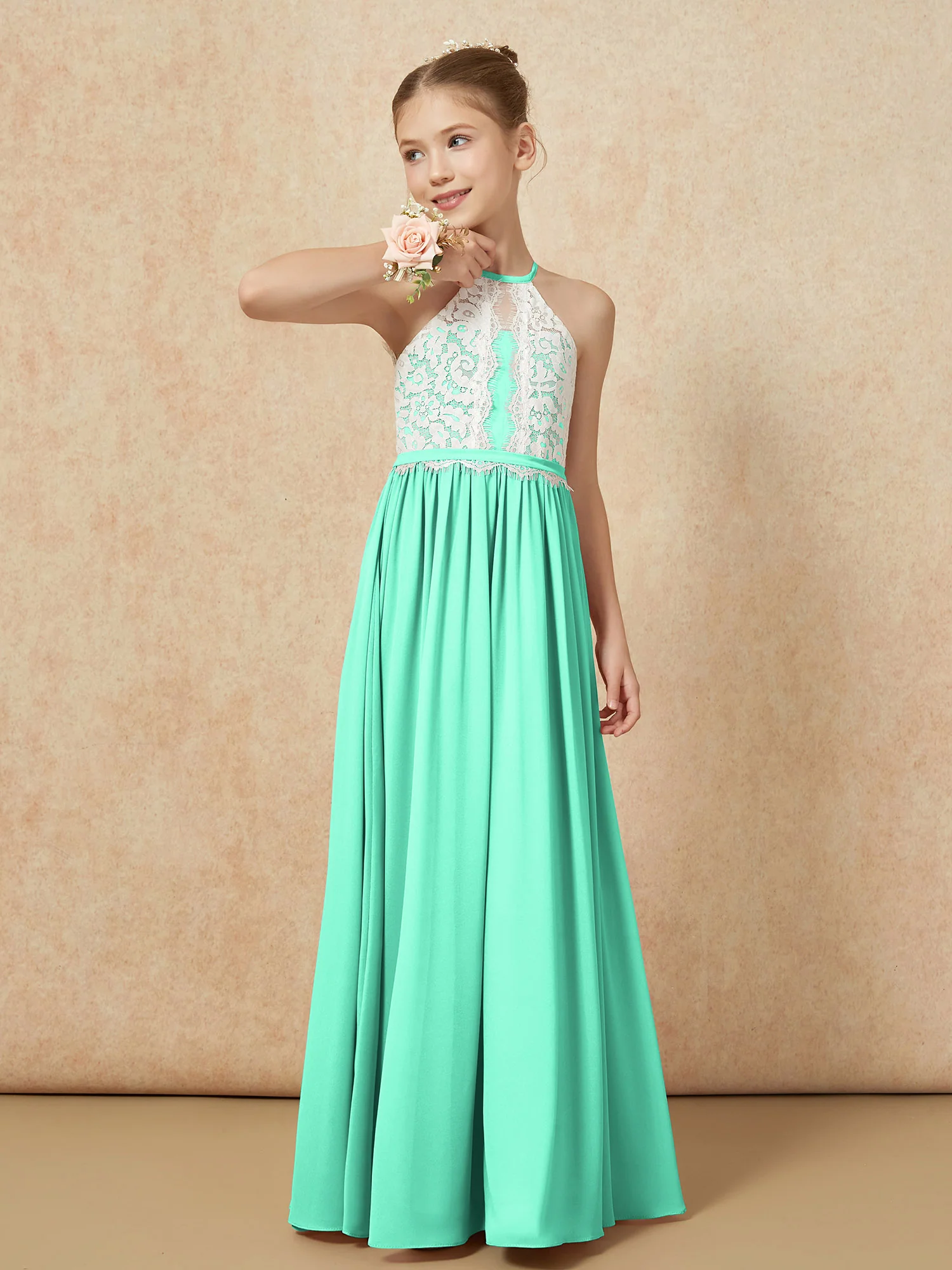 Lace Top Sleeveless Pleated Long Junior Bridesmaid Dress Turquoise - Image 4