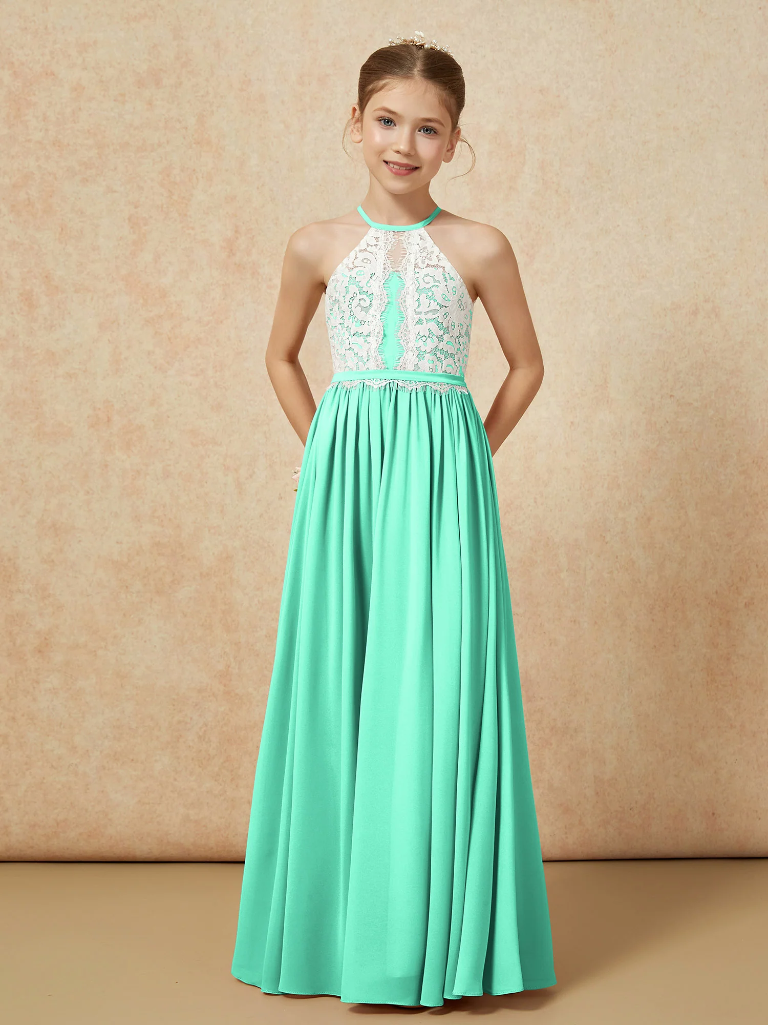 Lace Top Sleeveless Pleated Long Junior Bridesmaid Dress Turquoise - Image 5
