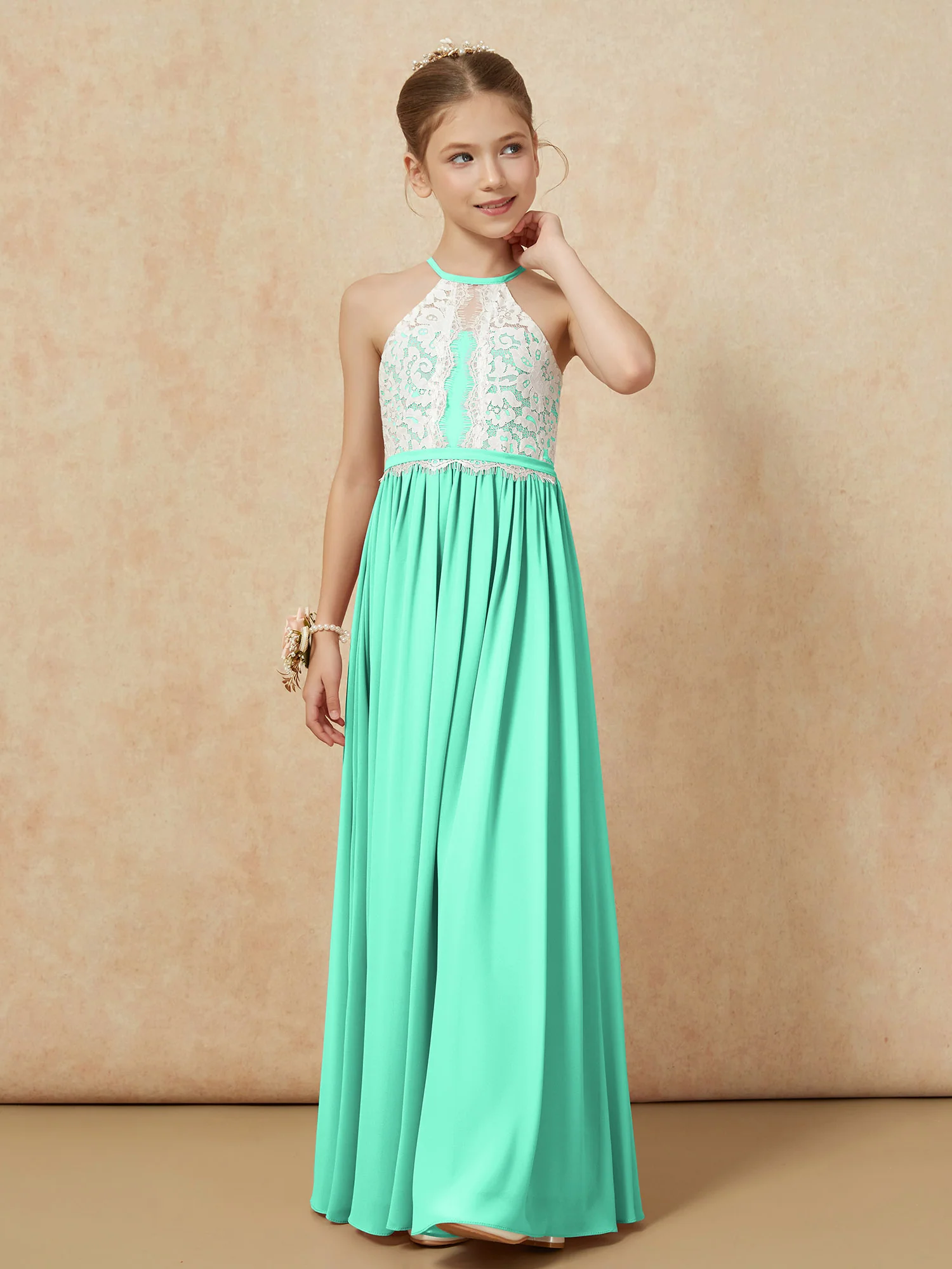 Lace Top Sleeveless Pleated Long Junior Bridesmaid Dress Turquoise - Image 6