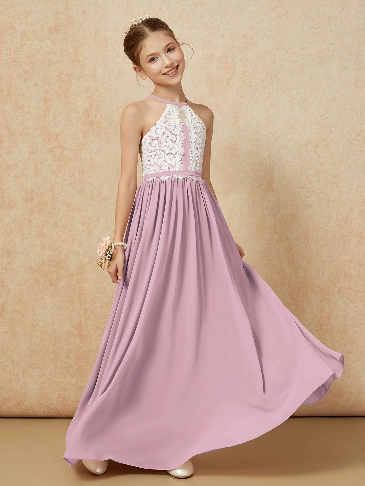 Lace Top Sleeveless Pleated Long Junior Bridesmaid Dress Vintage Mauve - Image 3