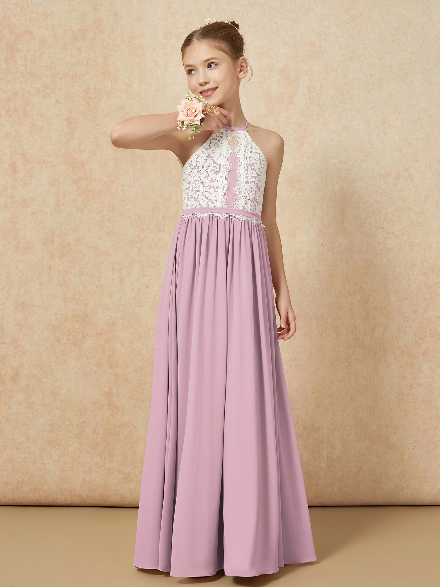 Lace Top Sleeveless Pleated Long Junior Bridesmaid Dress Vintage Mauve - Image 4
