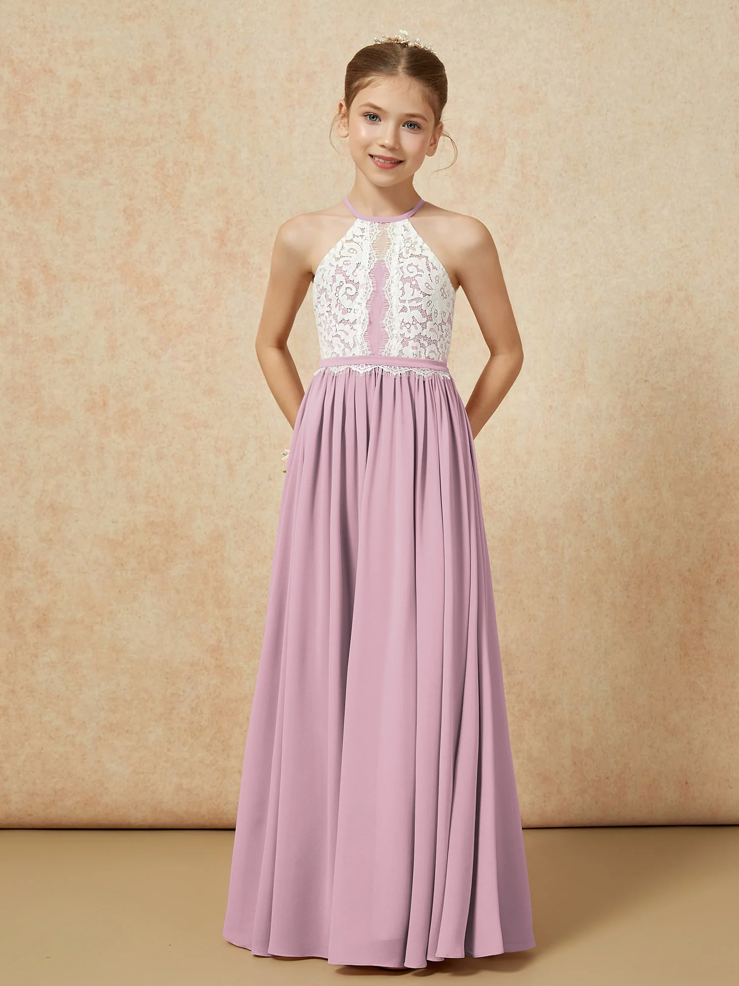 Lace Top Sleeveless Pleated Long Junior Bridesmaid Dress Vintage Mauve - Image 5