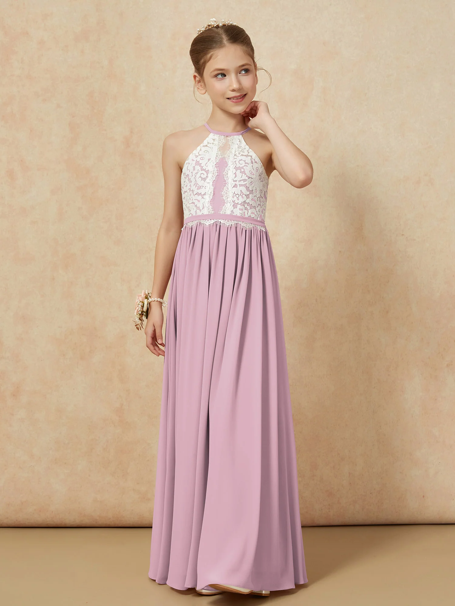 Lace Top Sleeveless Pleated Long Junior Bridesmaid Dress Vintage Mauve - Image 6