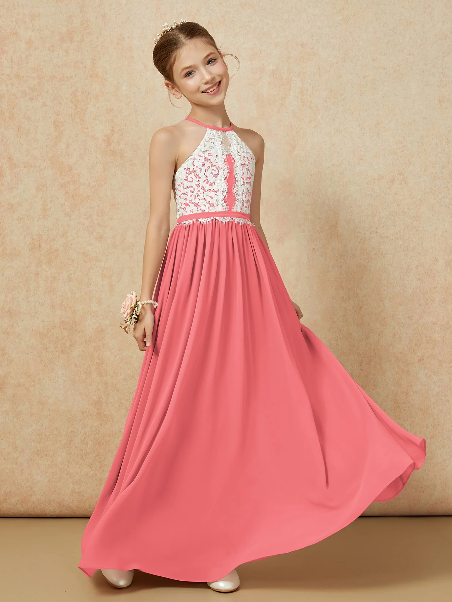 Lace Top Sleeveless Pleated Long Junior Bridesmaid Dress Watermelon - Image 3