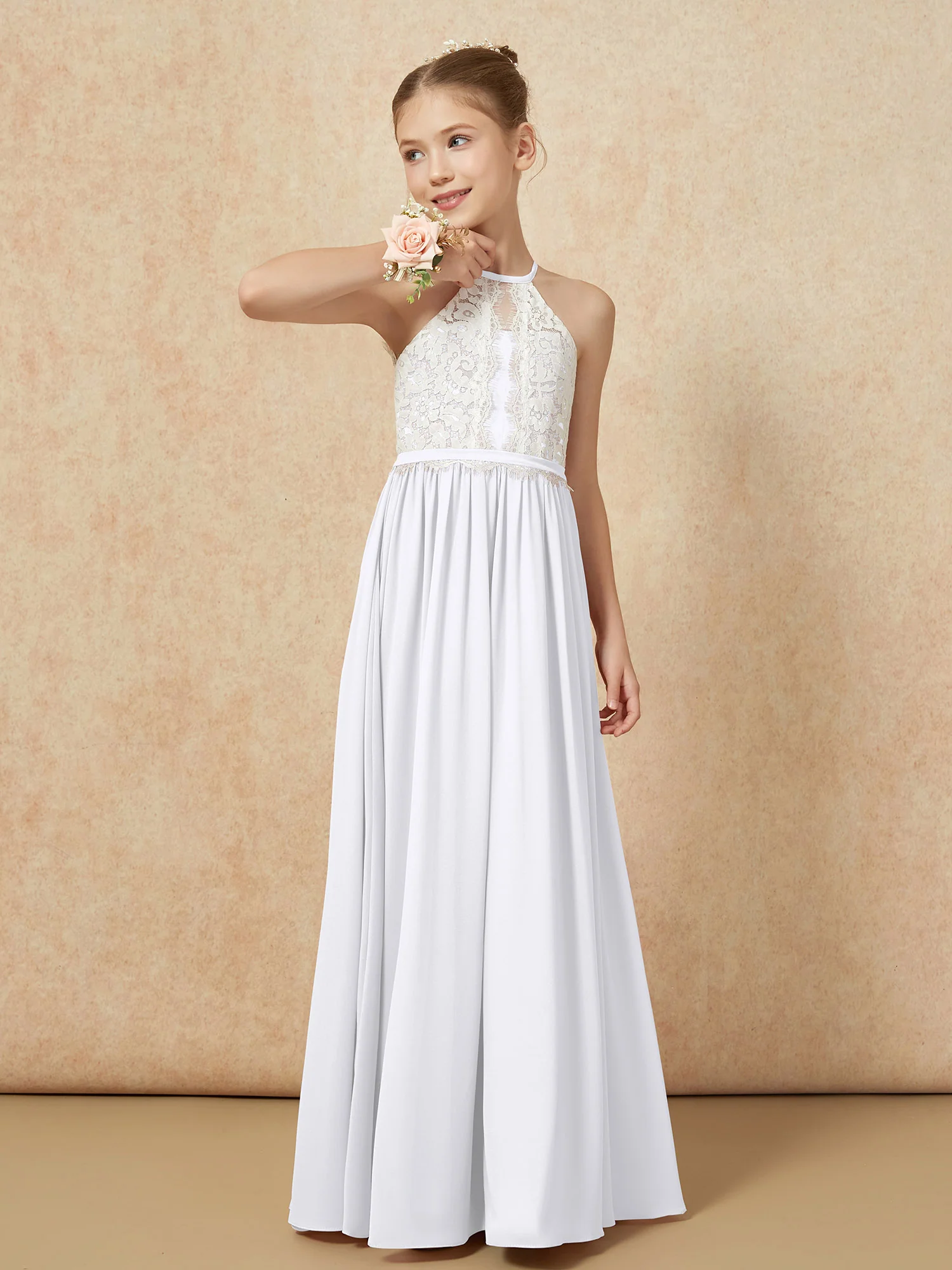 Lace Top Sleeveless Pleated Long Junior Bridesmaid Dress White - Image 4