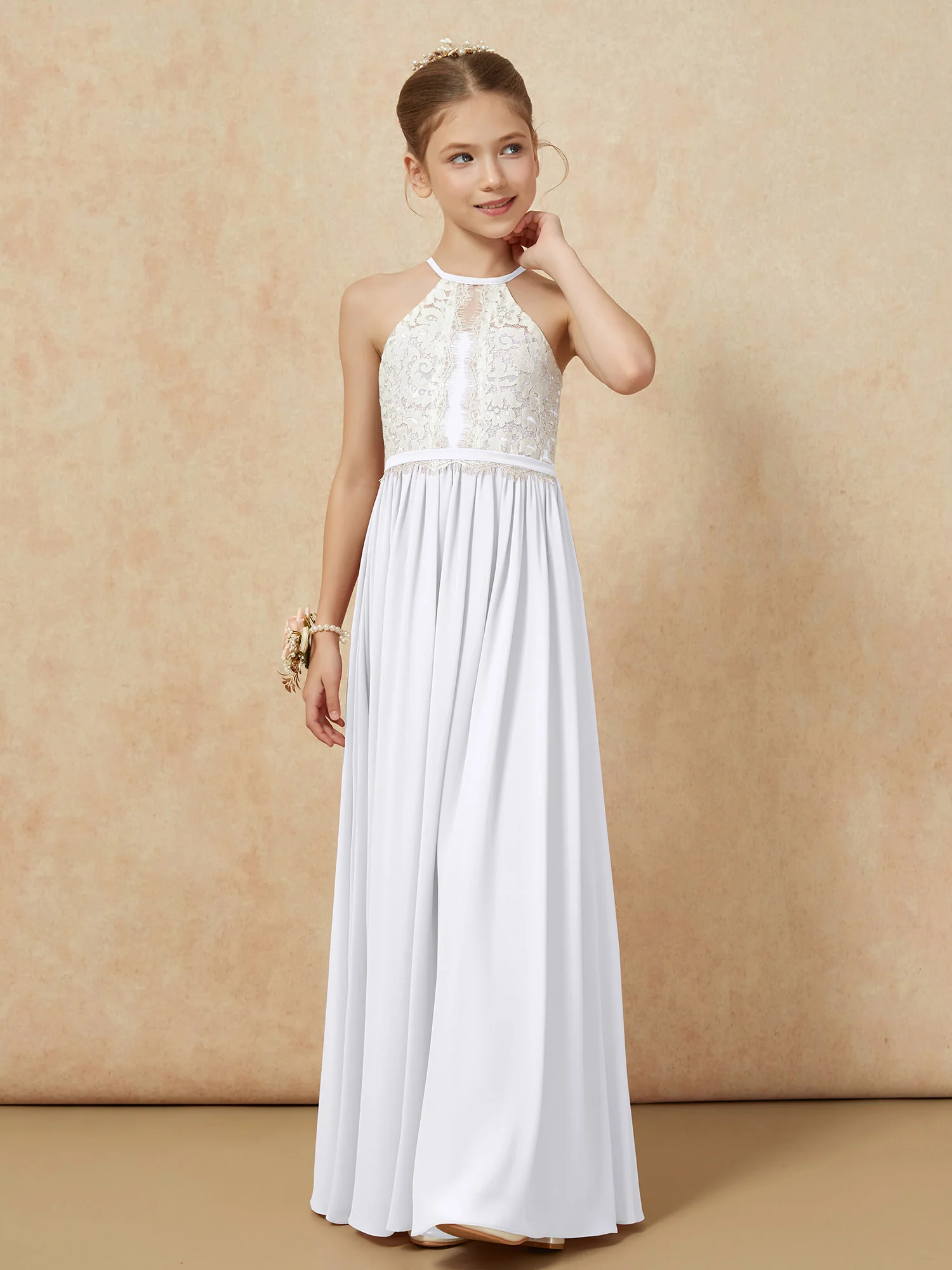 Lace Top Sleeveless Pleated Long Junior Bridesmaid Dress White - Image 6