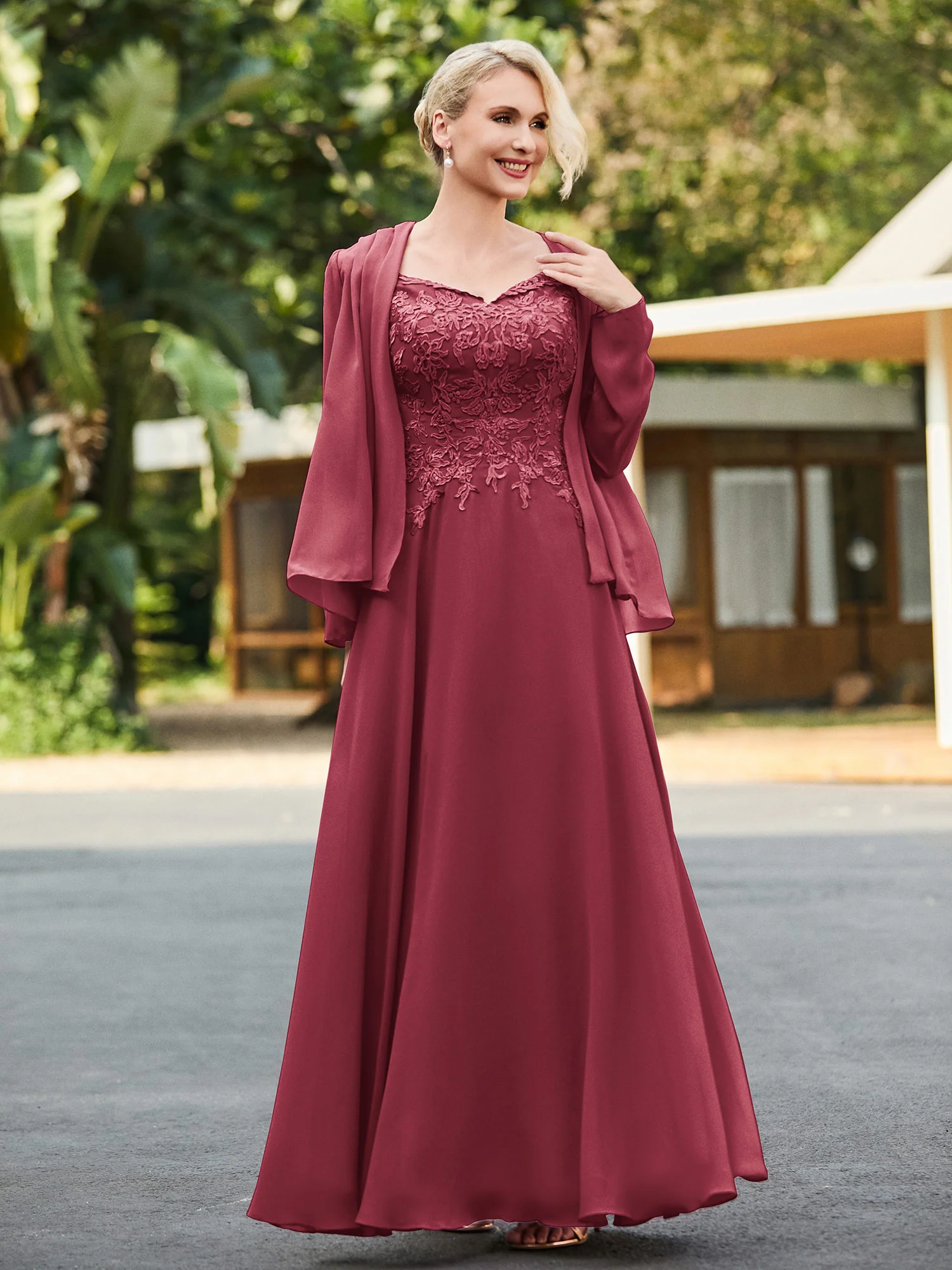Lace Top V-neck Floor-length Dress with Jacket Cinnamon Rose