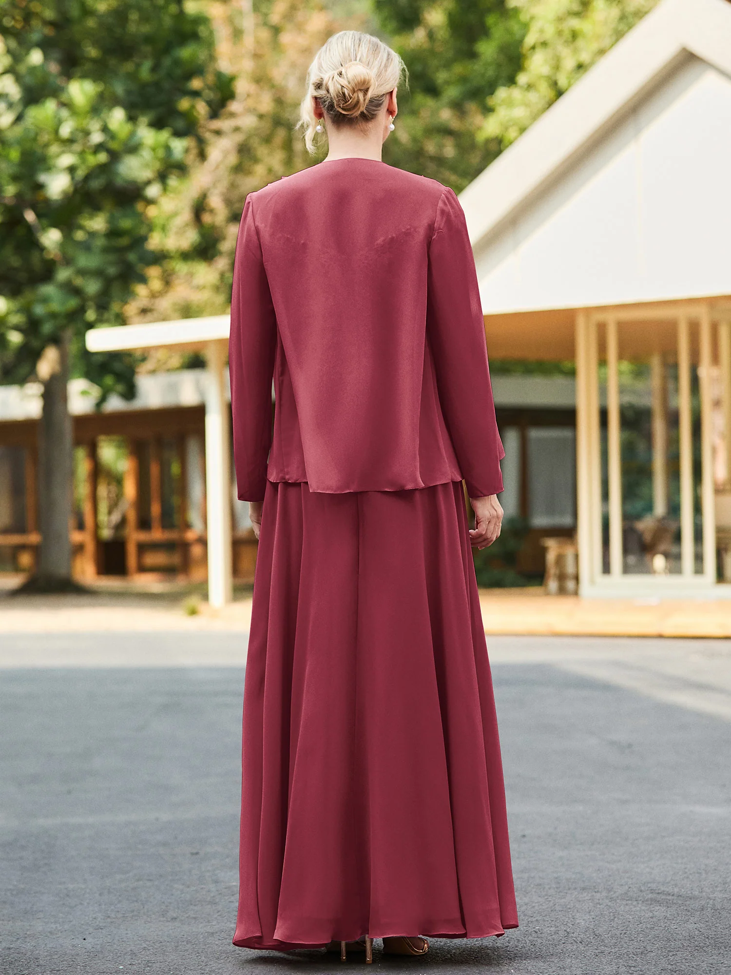 Lace Top V-neck Floor-length Dress with Jacket Cinnamon Rose - Image 2