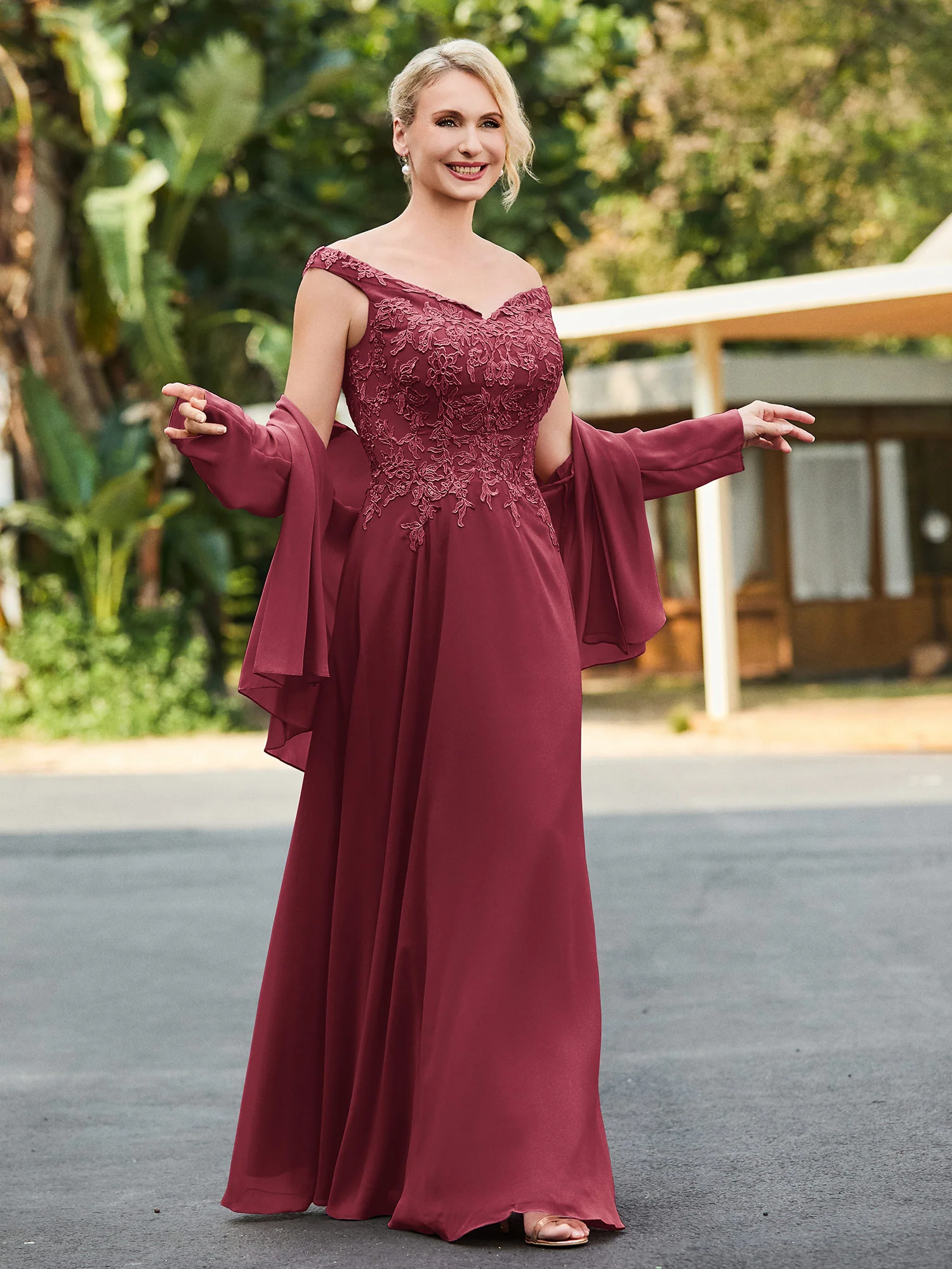 Lace Top V-neck Floor-length Dress with Jacket Cinnamon Rose - Image 3