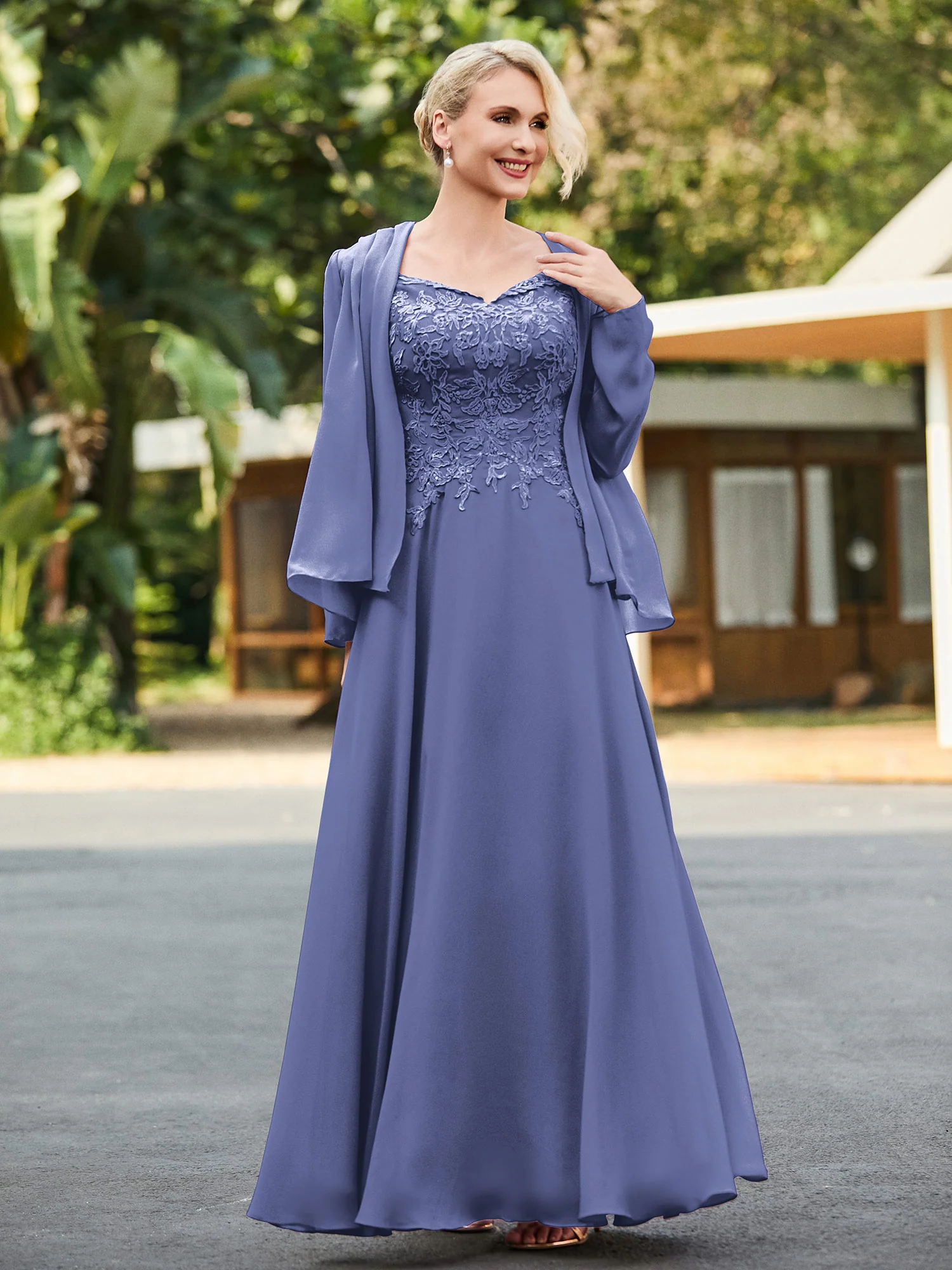 Lace Top V-neck Floor-length Dress with Jacket Periwinkle