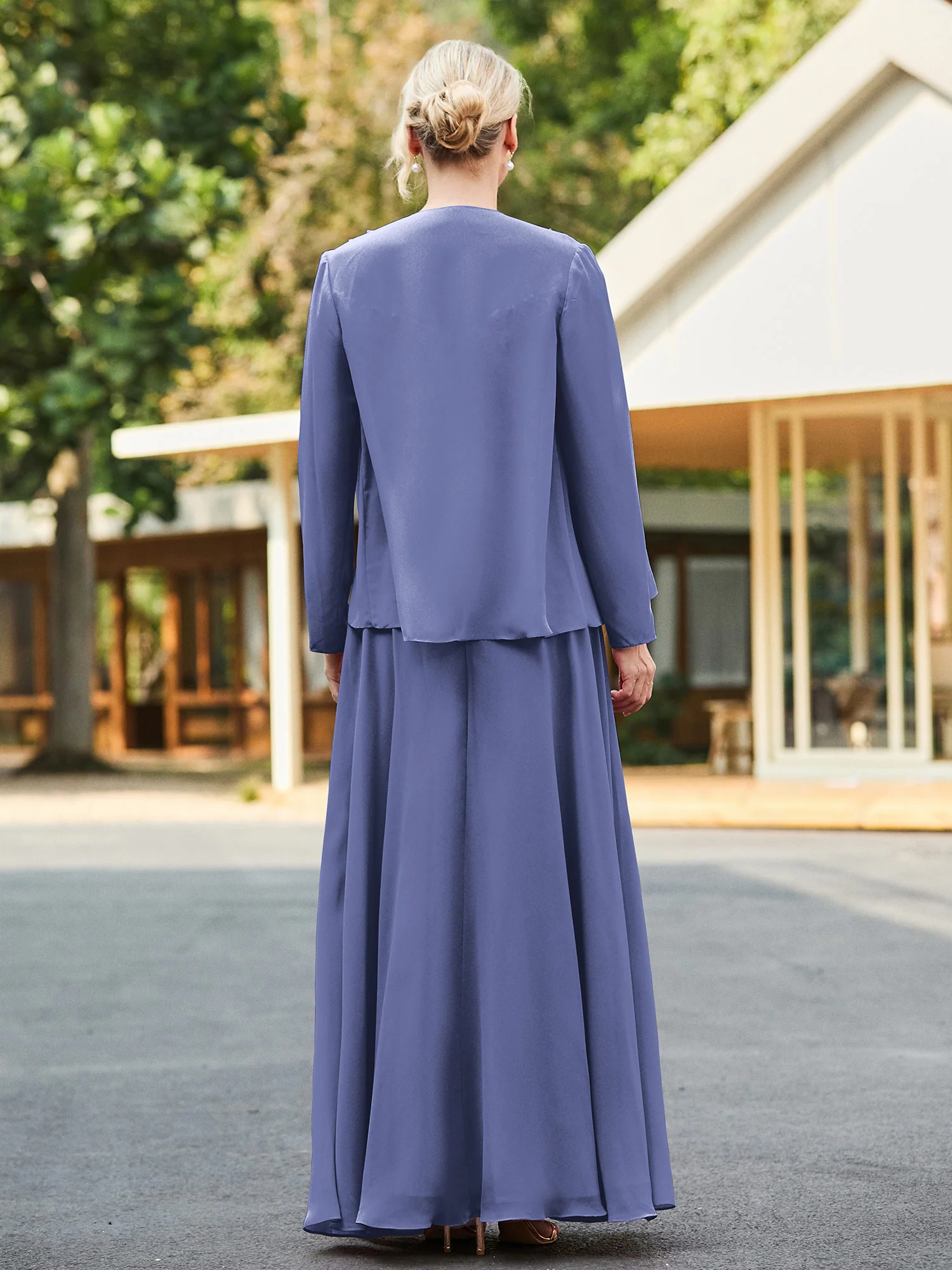 Lace Top V-neck Floor-length Dress with Jacket Periwinkle - Image 2