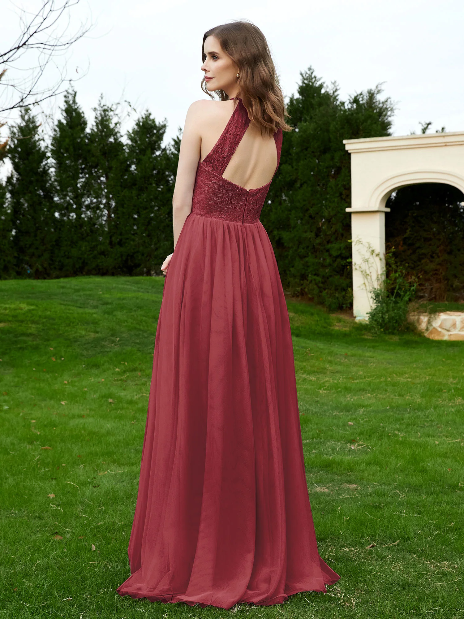 Lace Tulle Bridesmaid Gown Halter Neckline Cinnamon Rose - Image 2