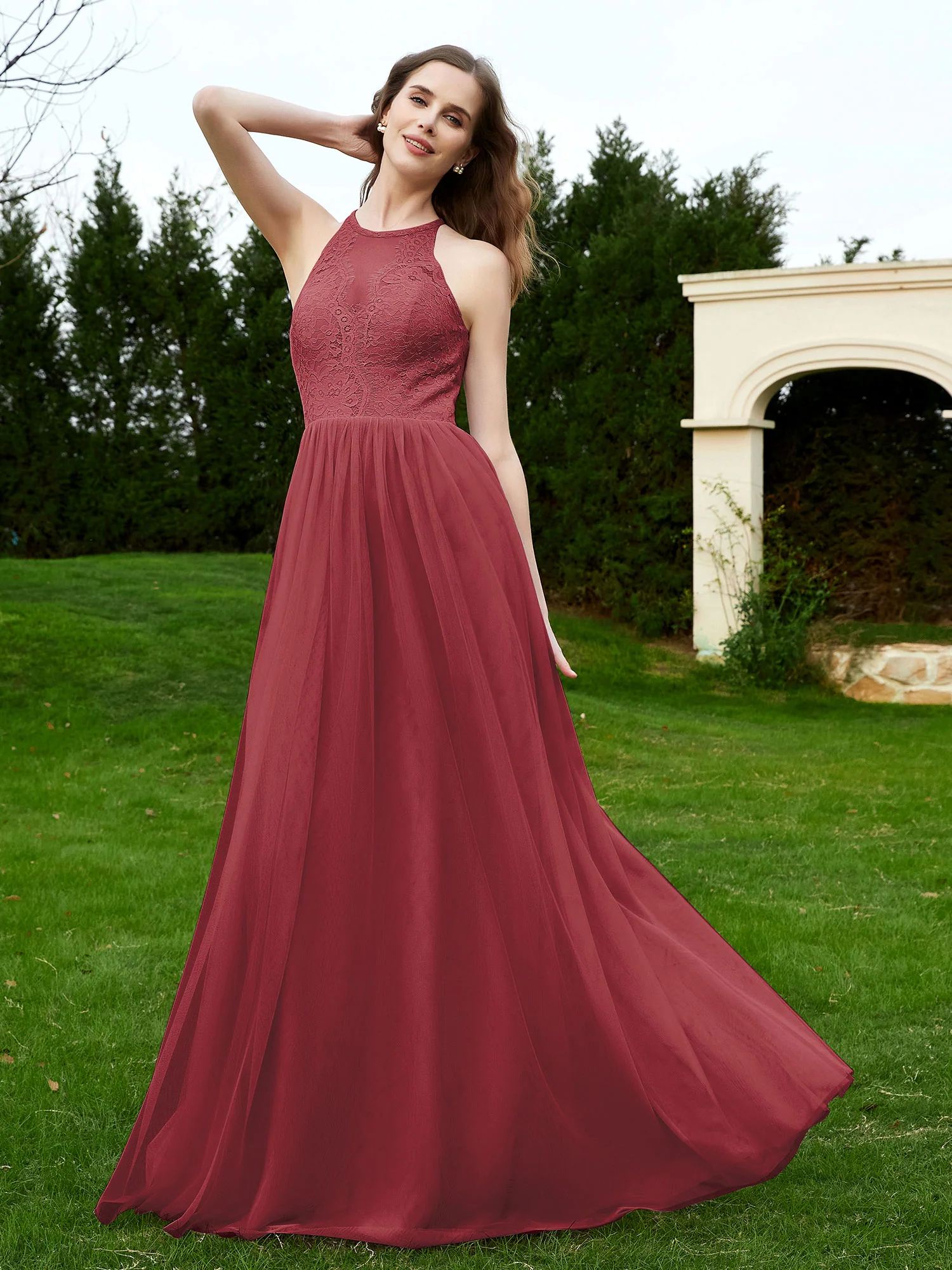 Lace Tulle Bridesmaid Gown Halter Neckline Cinnamon Rose Plus Size