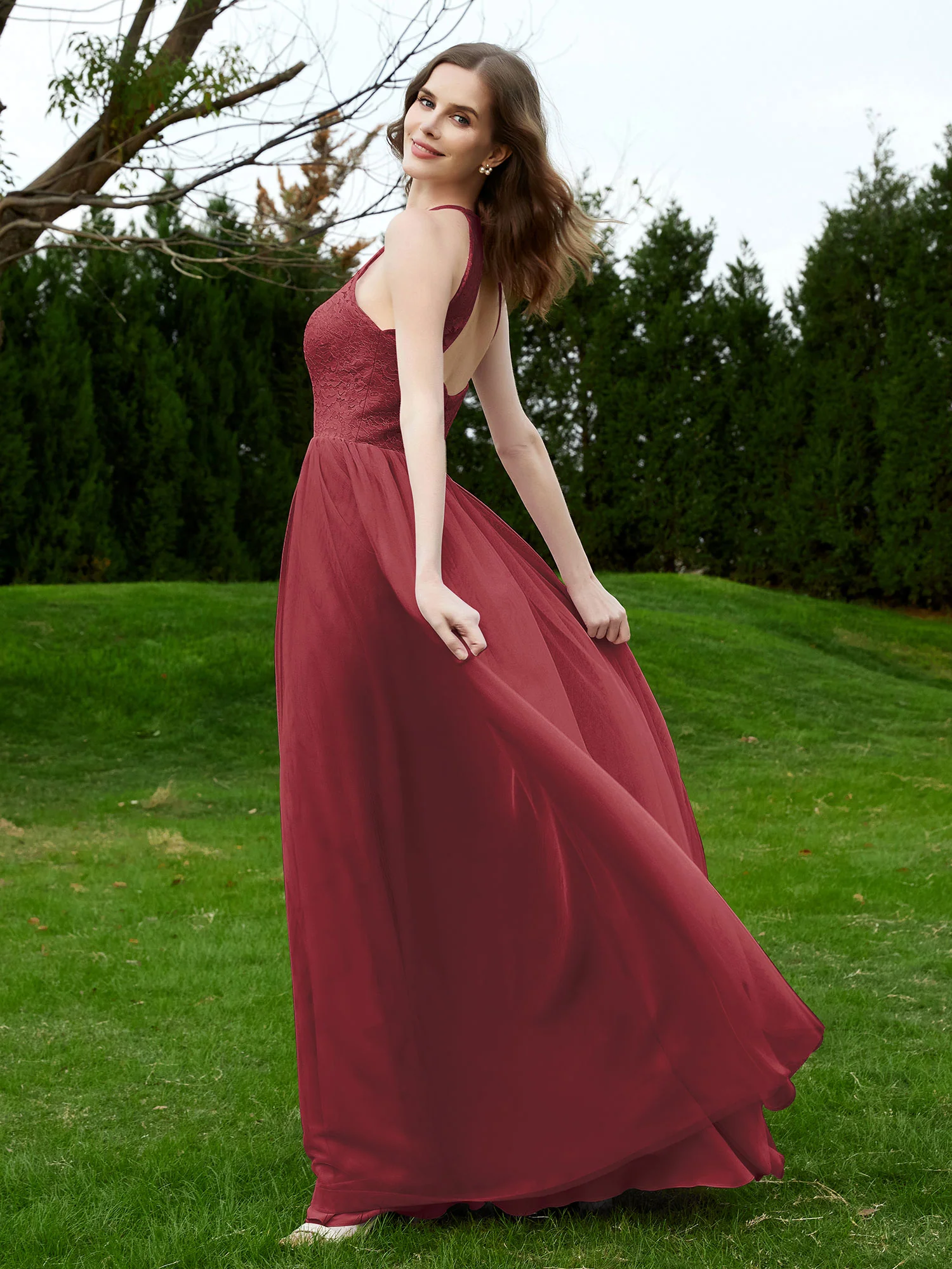 Lace Tulle Bridesmaid Gown Halter Neckline Cinnamon Rose Plus Size - Image 3