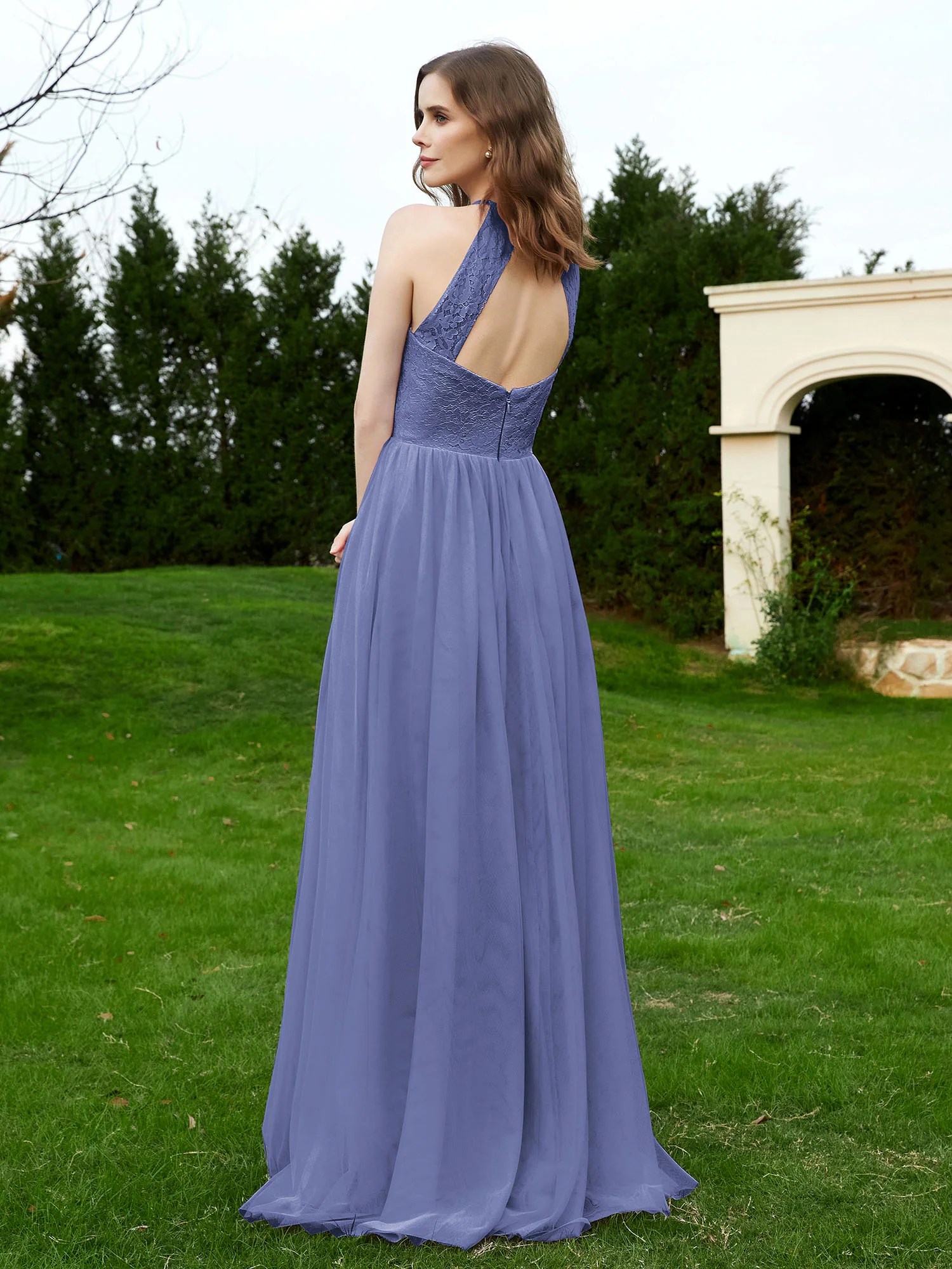 Lace Tulle Bridesmaid Gown Halter Neckline Periwinkle - Image 2