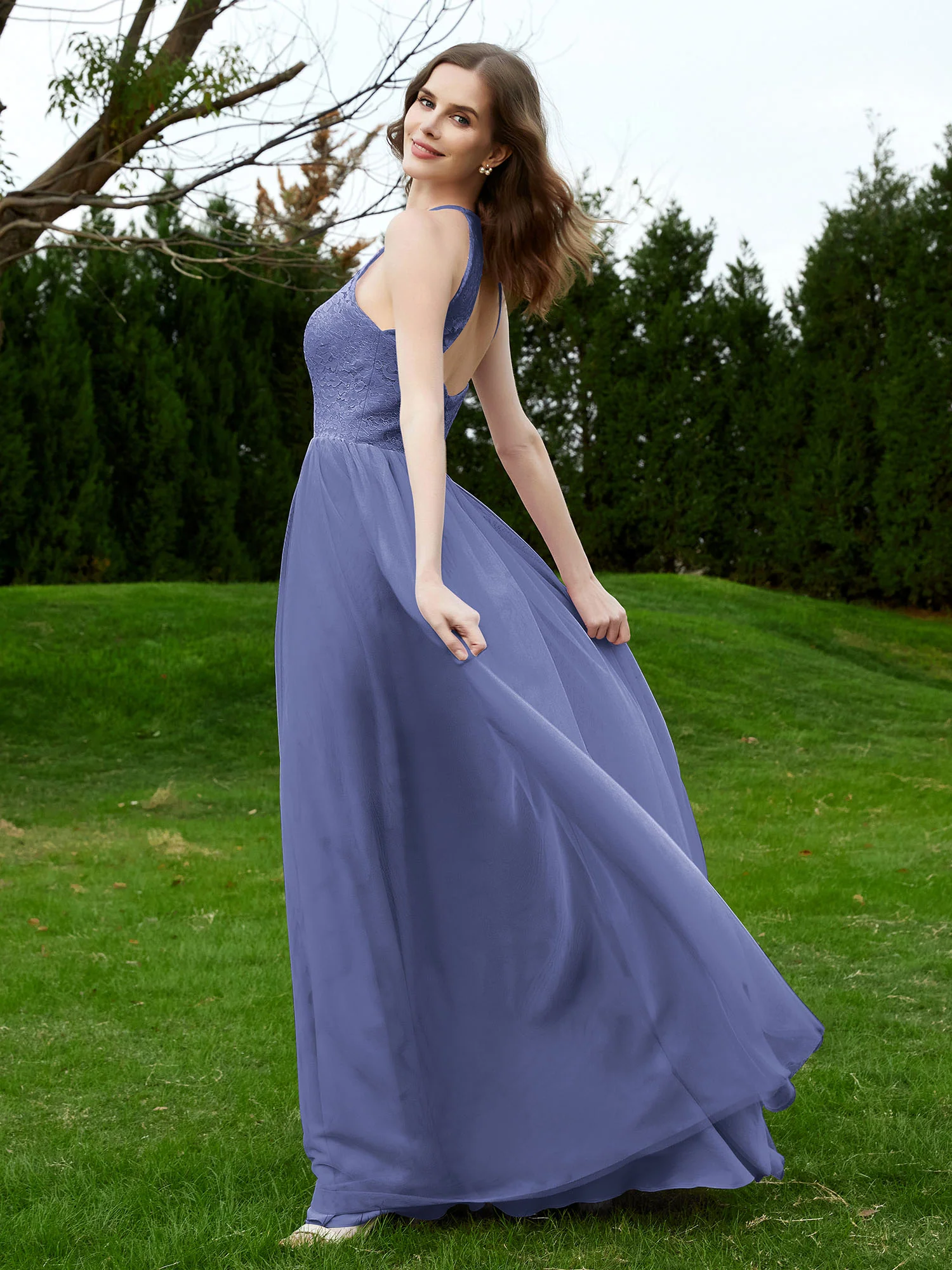 Lace Tulle Bridesmaid Gown Halter Neckline Periwinkle - Image 3