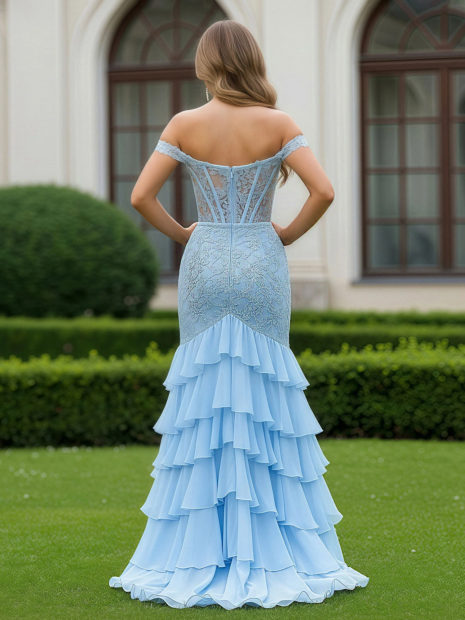 Off-Shoulder Lace Bodice Ruched Mermaid Gown Sky Blue - Image 2