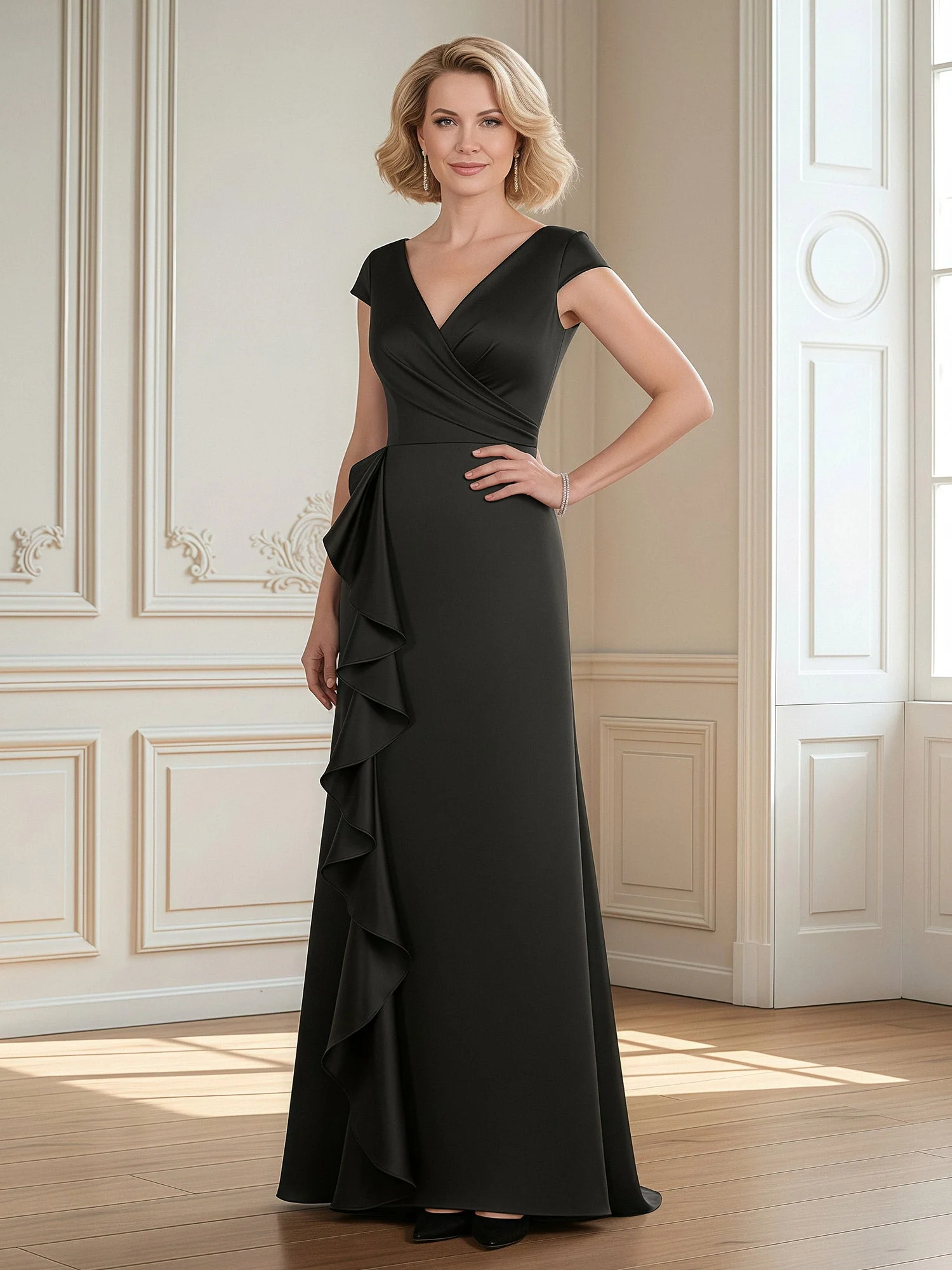 V-Neck Cap Sleeve Sheath Gown with Side Ruffles Silver