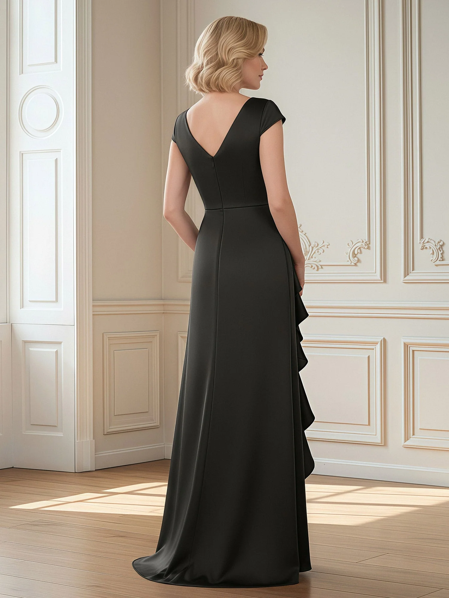 V-Neck Cap Sleeve Sheath Gown with Side Ruffles Steel Grey - Image 2