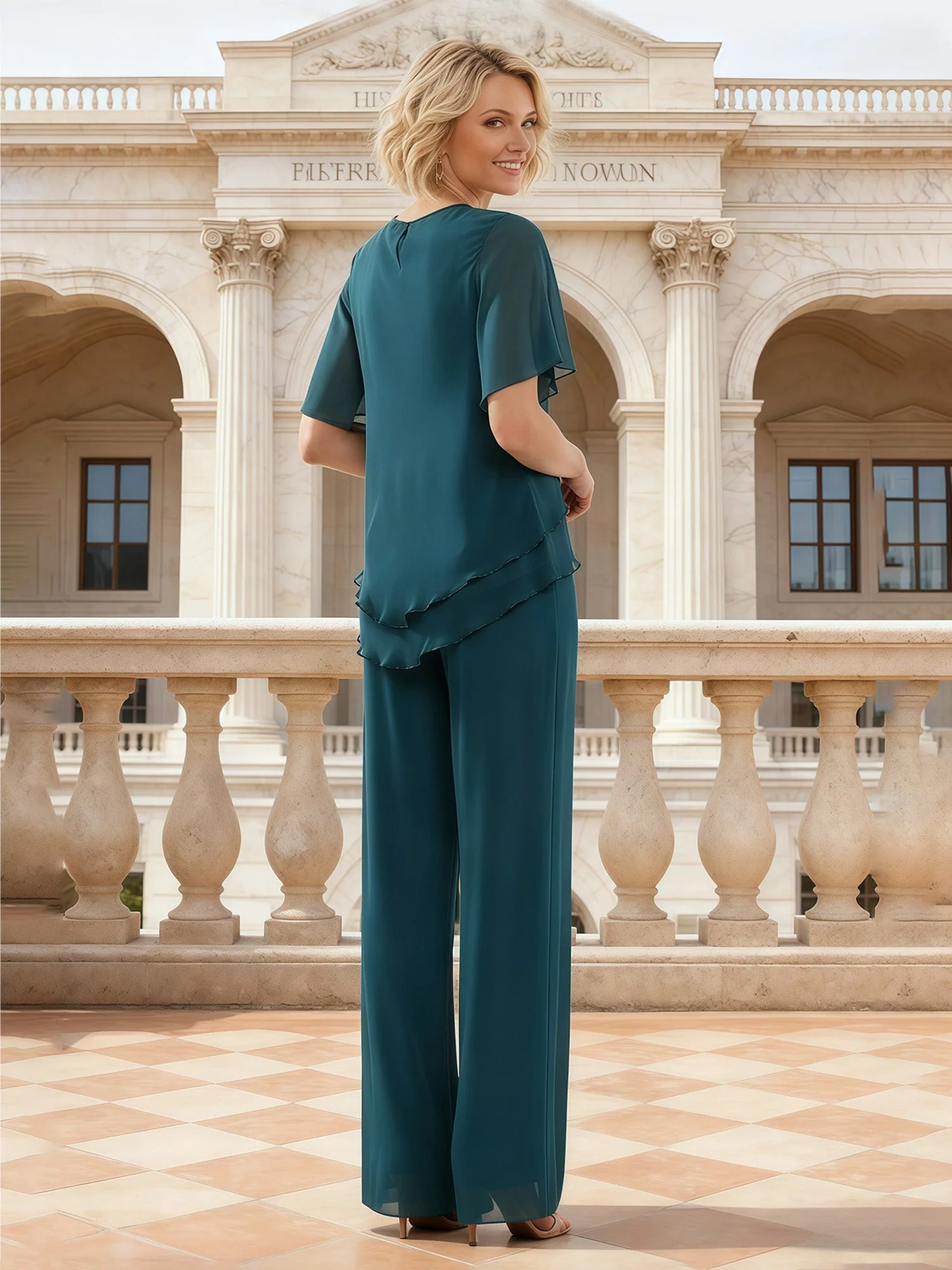 Layered Chiffon Pant Suit Beaded Trim Wide Leg Design Lime Green - Image 2