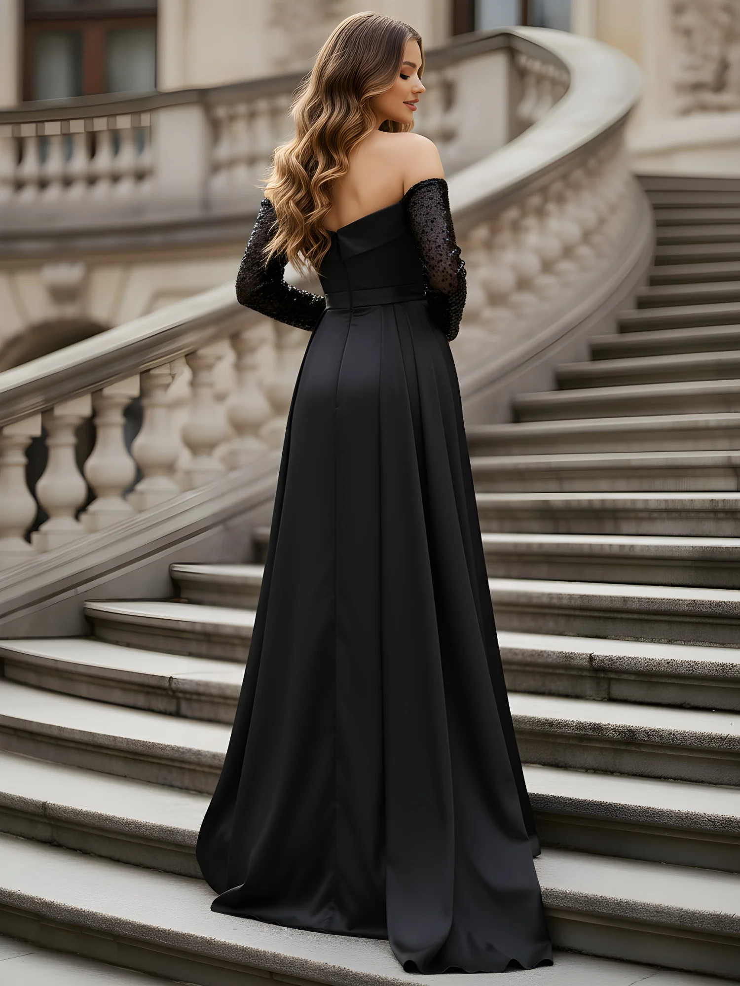 Off-Shoulder Long Sleeve Embellished Beaded Gown Black - Image 2
