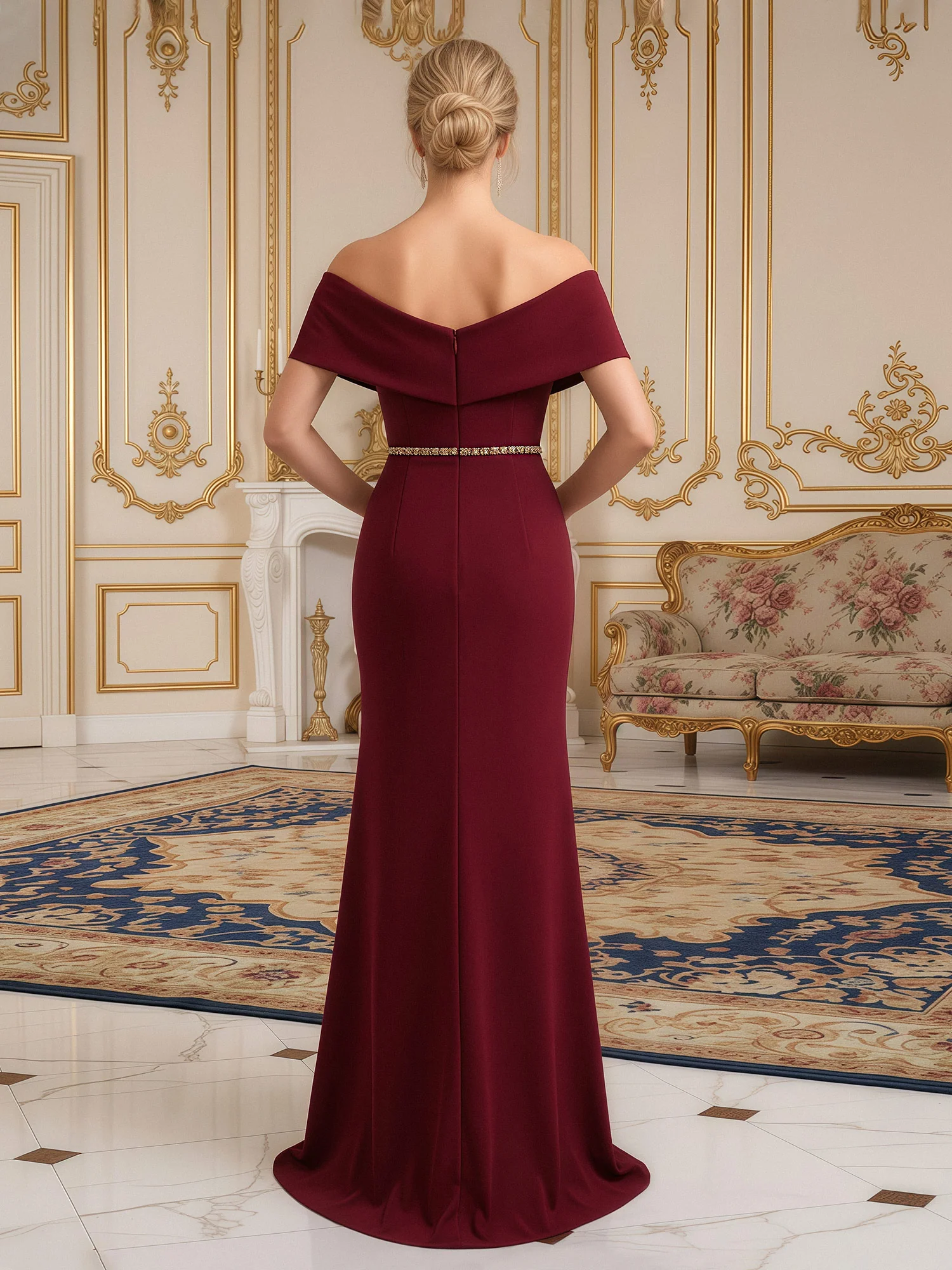 Elegant Fitted Maxi Dress with Rhinestone Waist Detail Burgundy - Image 2