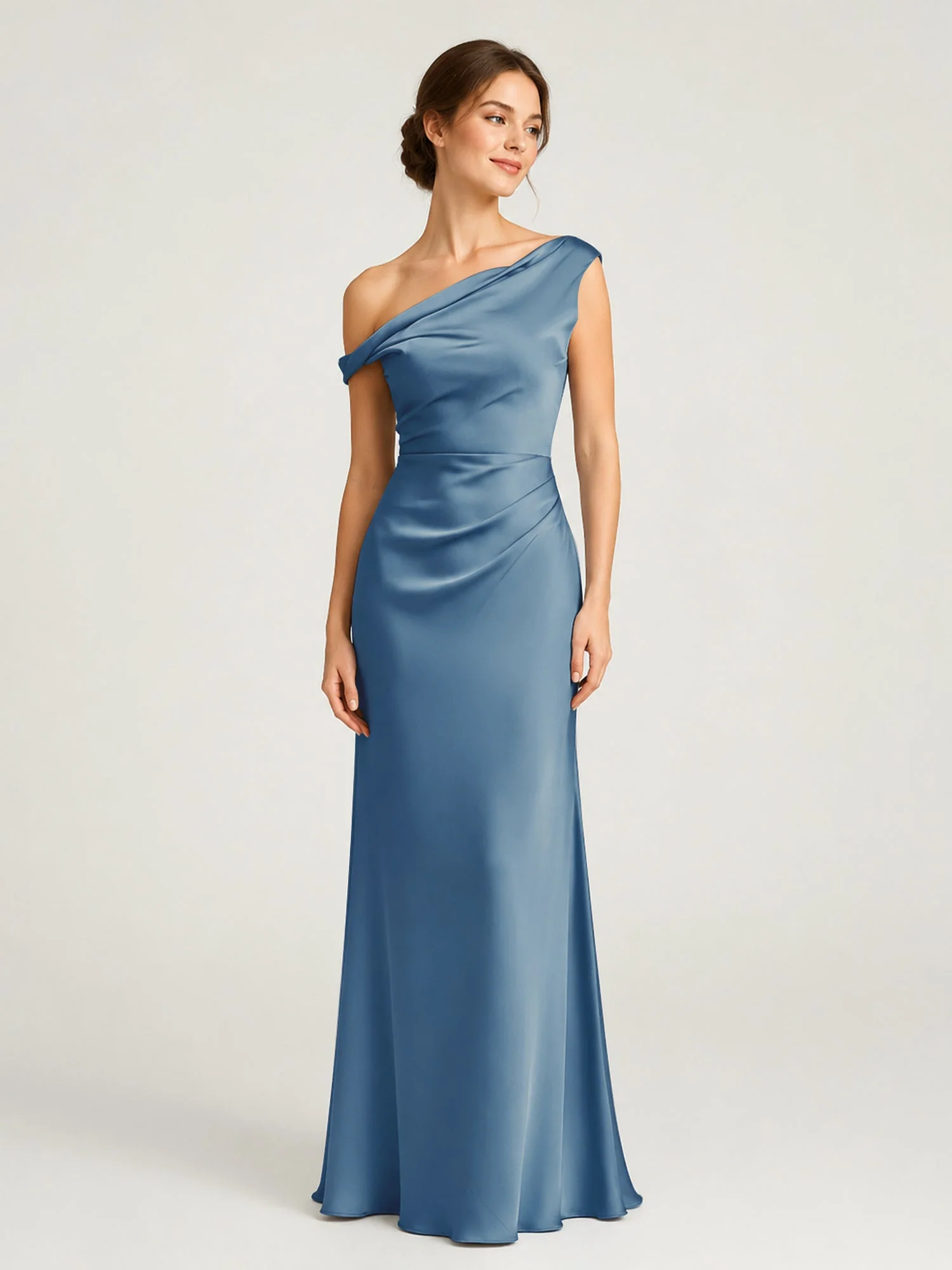 One-Shoulder Drape Satin Gown with Ruched Bodice Burgundy
