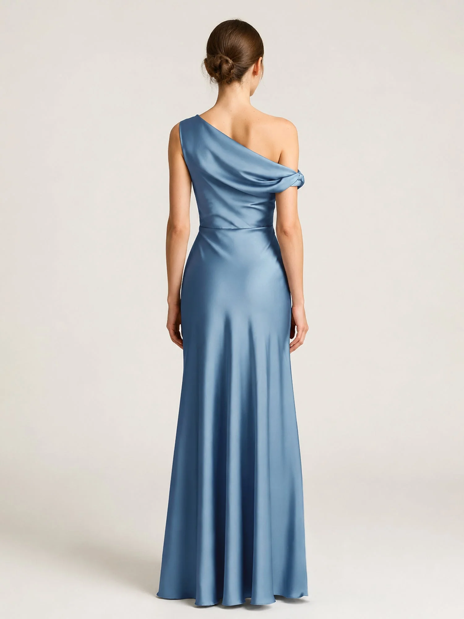 One-Shoulder Drape Satin Gown with Ruched Bodice Rust - Image 2