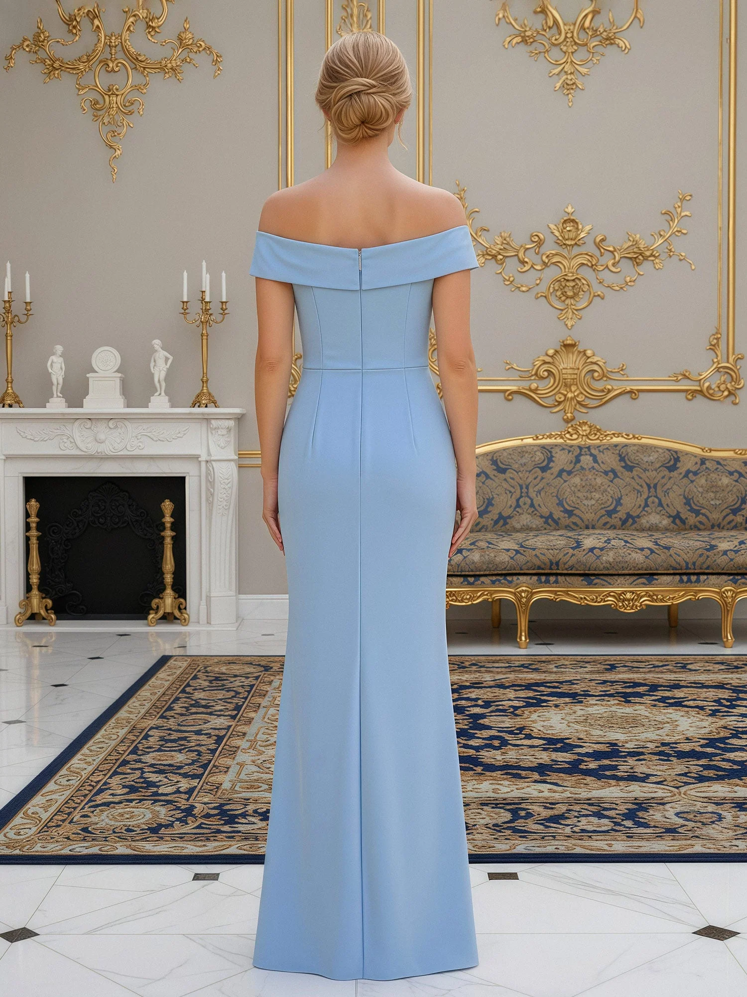 Off-the-Shoulder Sheath Gown with Crystal Embellishment Ink Blue - Image 2