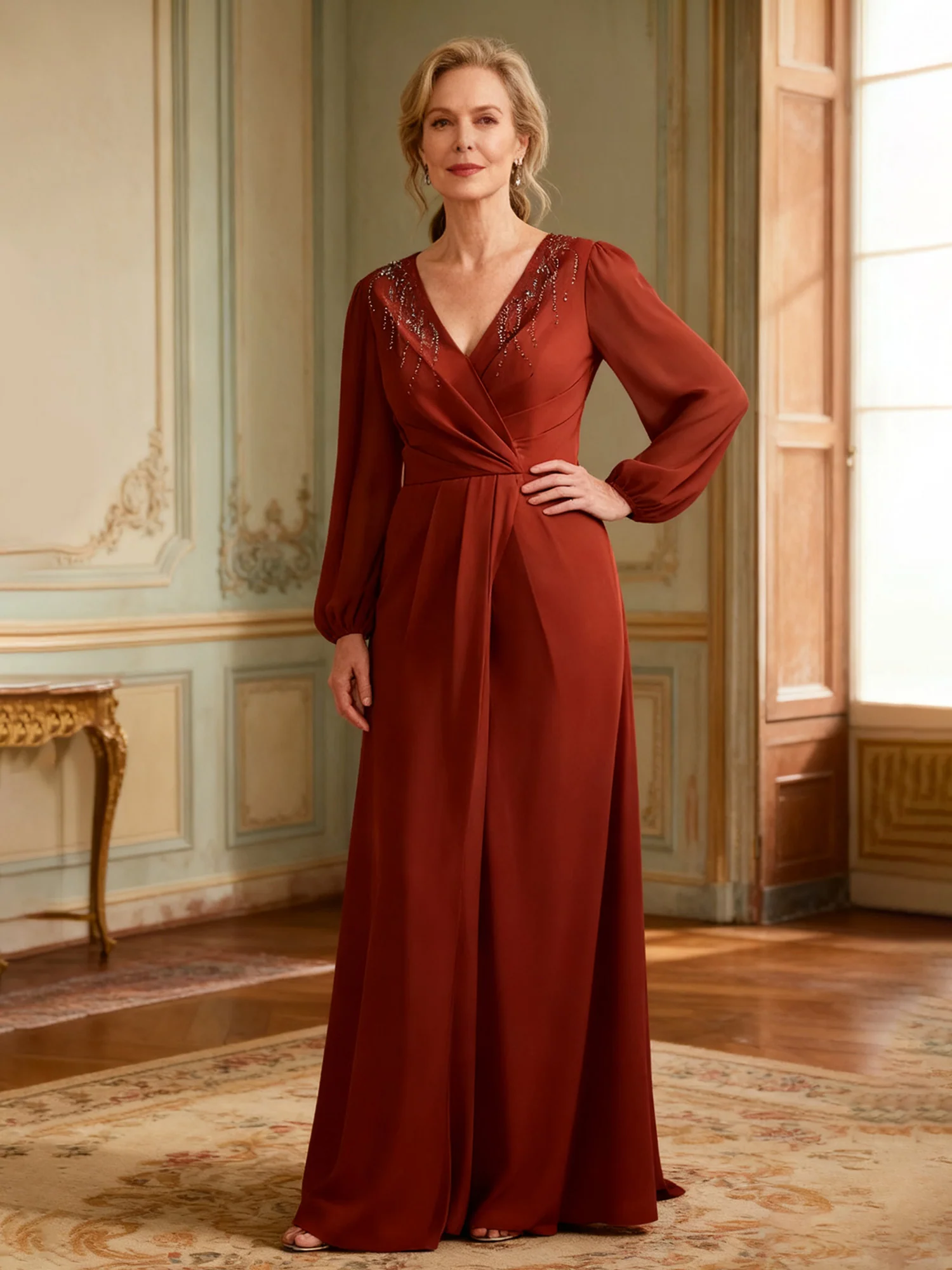 Wrap-Front Beaded Long Sleeve Formal Dress Rust