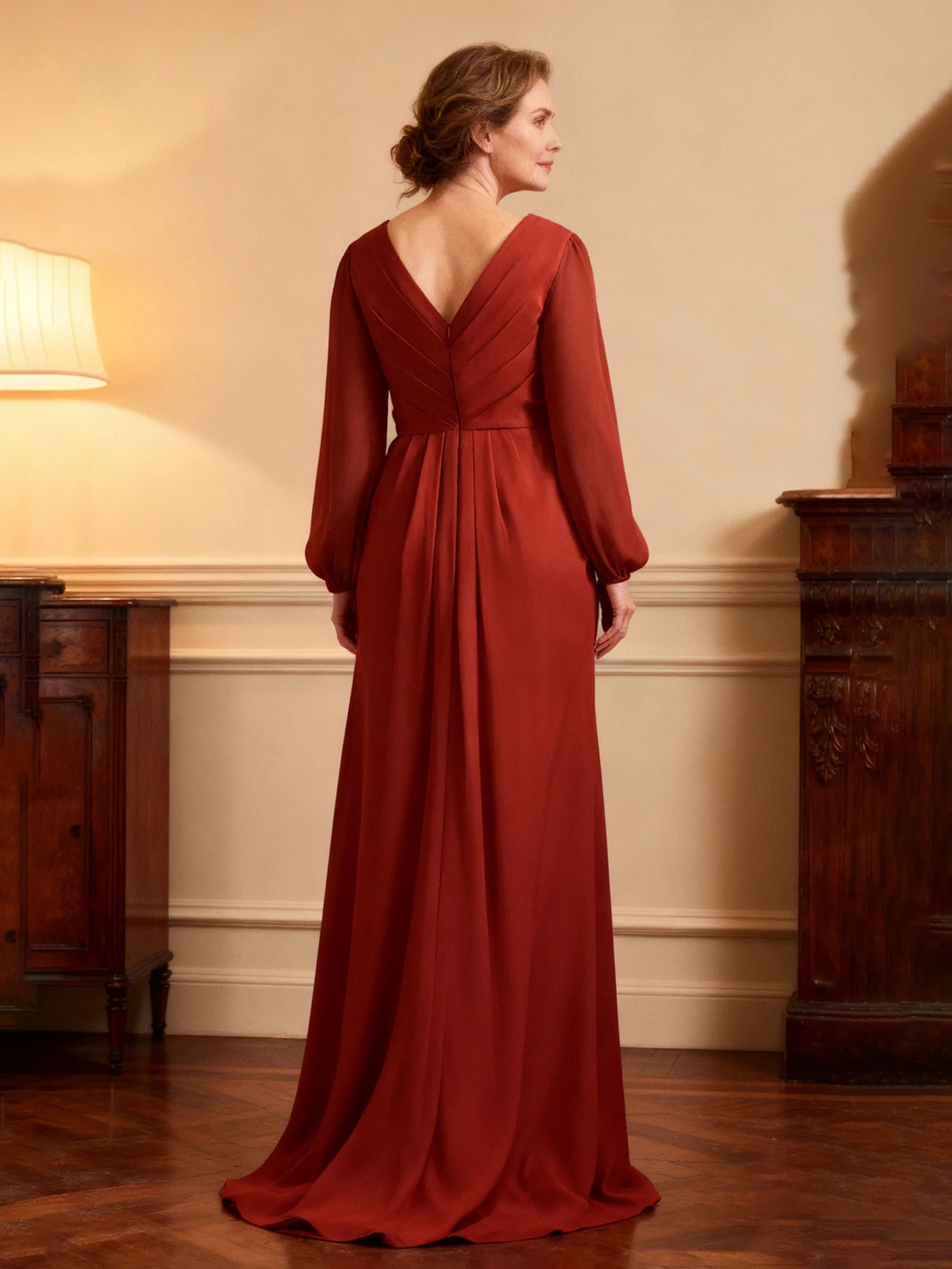 Wrap-Front Beaded Long Sleeve Formal Dress Sunset - Image 2