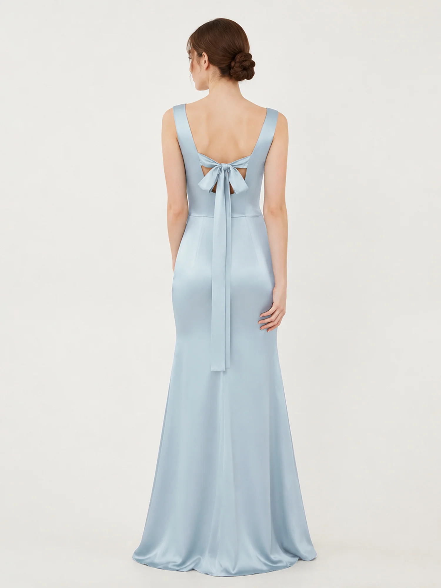Square Neck Satin Mermaid Gown with Back Bow Detail Mist - Image 2