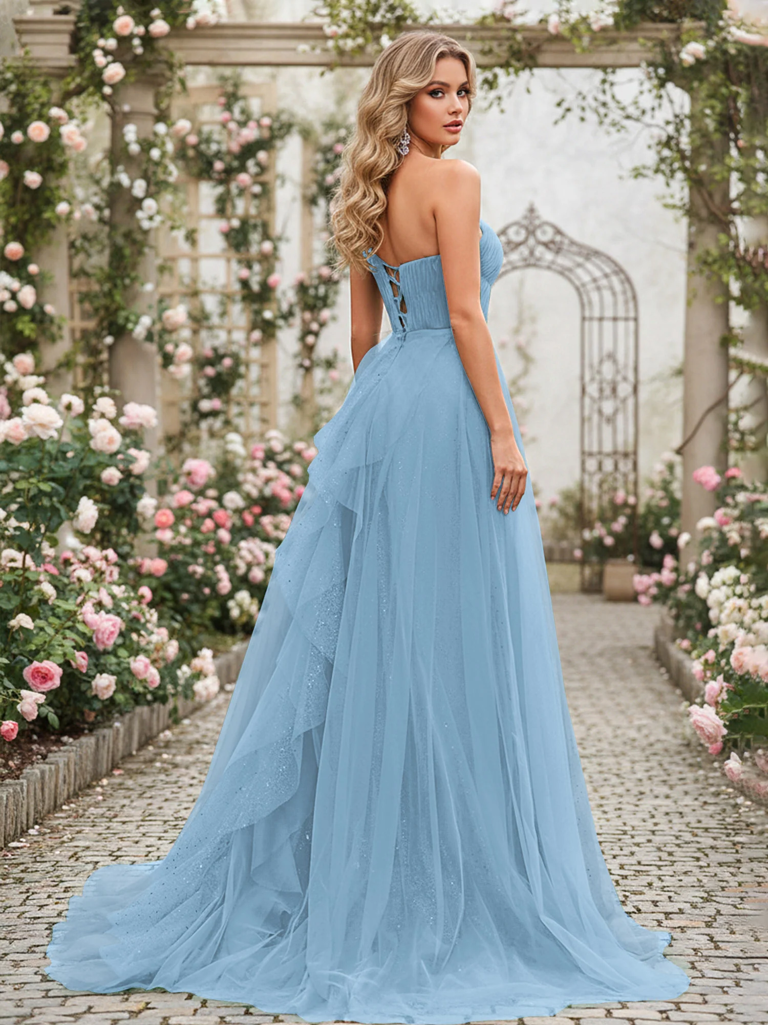 Sparkling Tulle A-Line Gown with Cascading Ruffles Blue - Image 2
