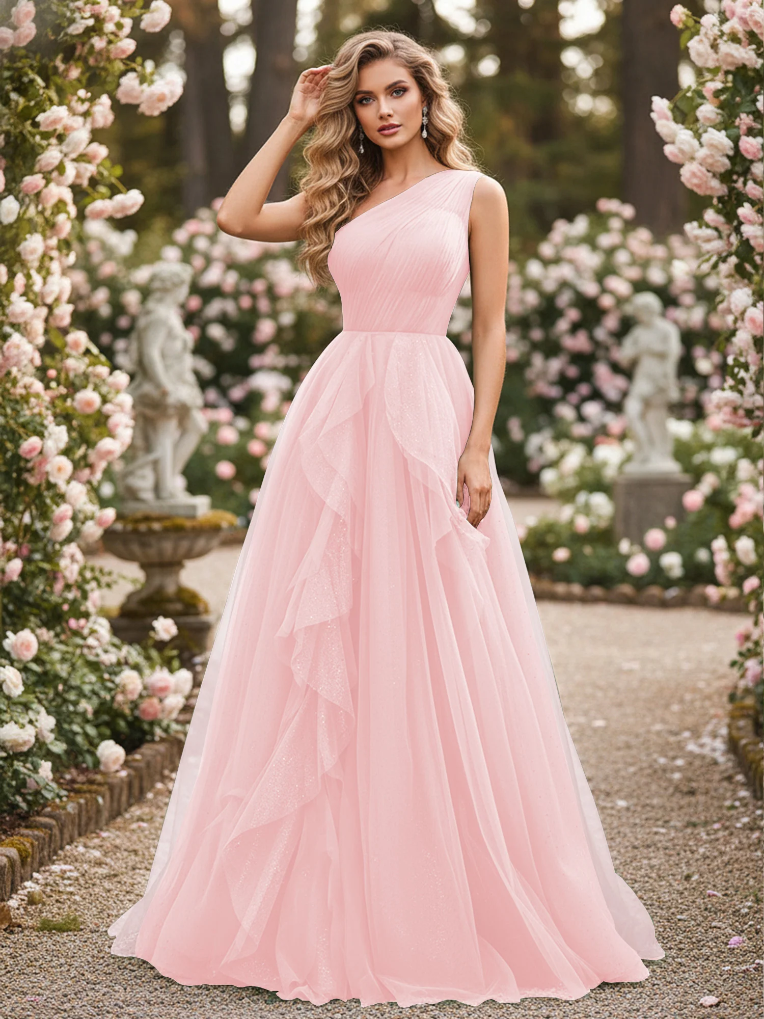 Sparkling Tulle A-Line Gown with Cascading Ruffles Blushing Pink
