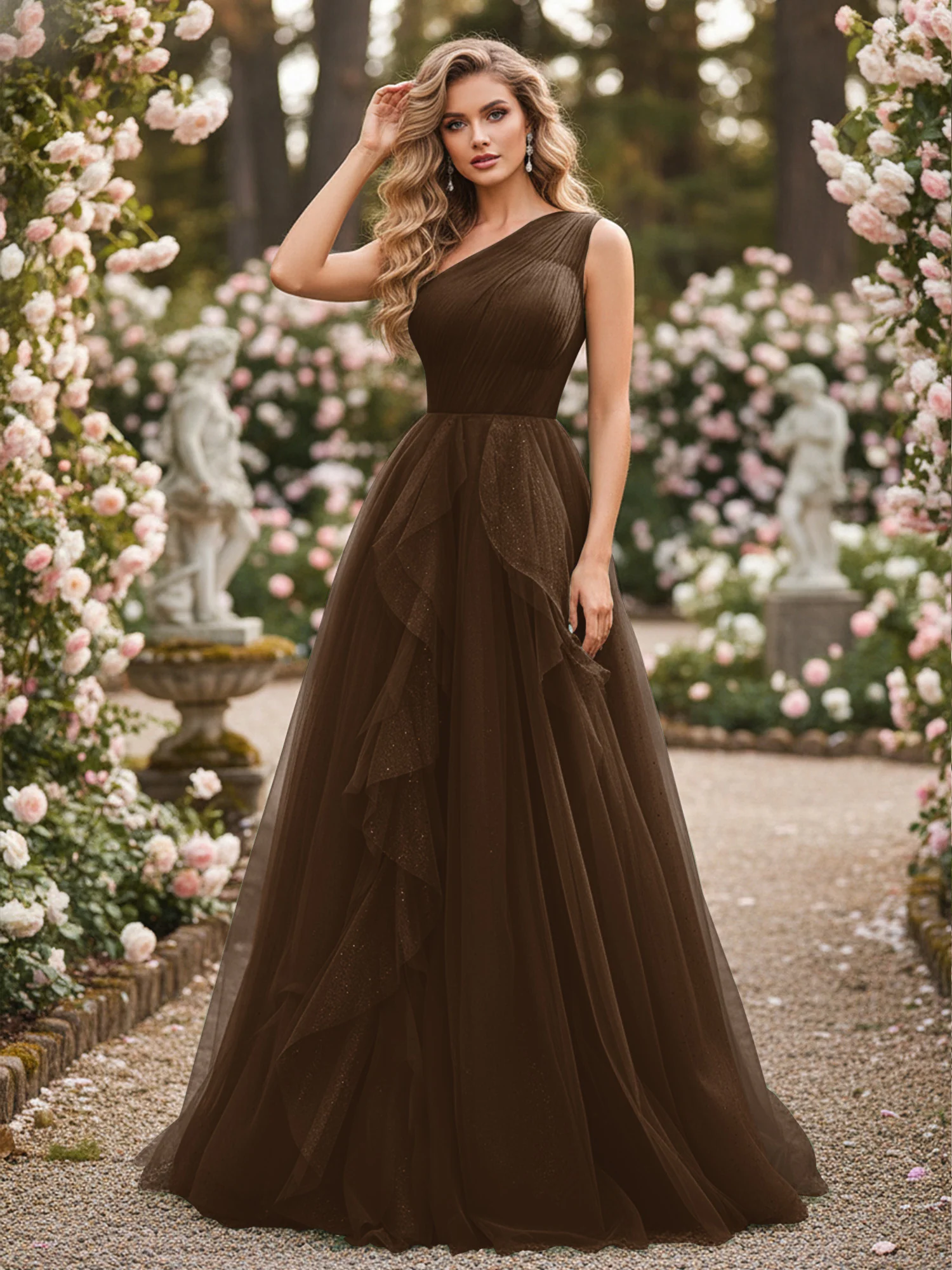 Sparkling Tulle A-Line Gown with Cascading Ruffles Brown